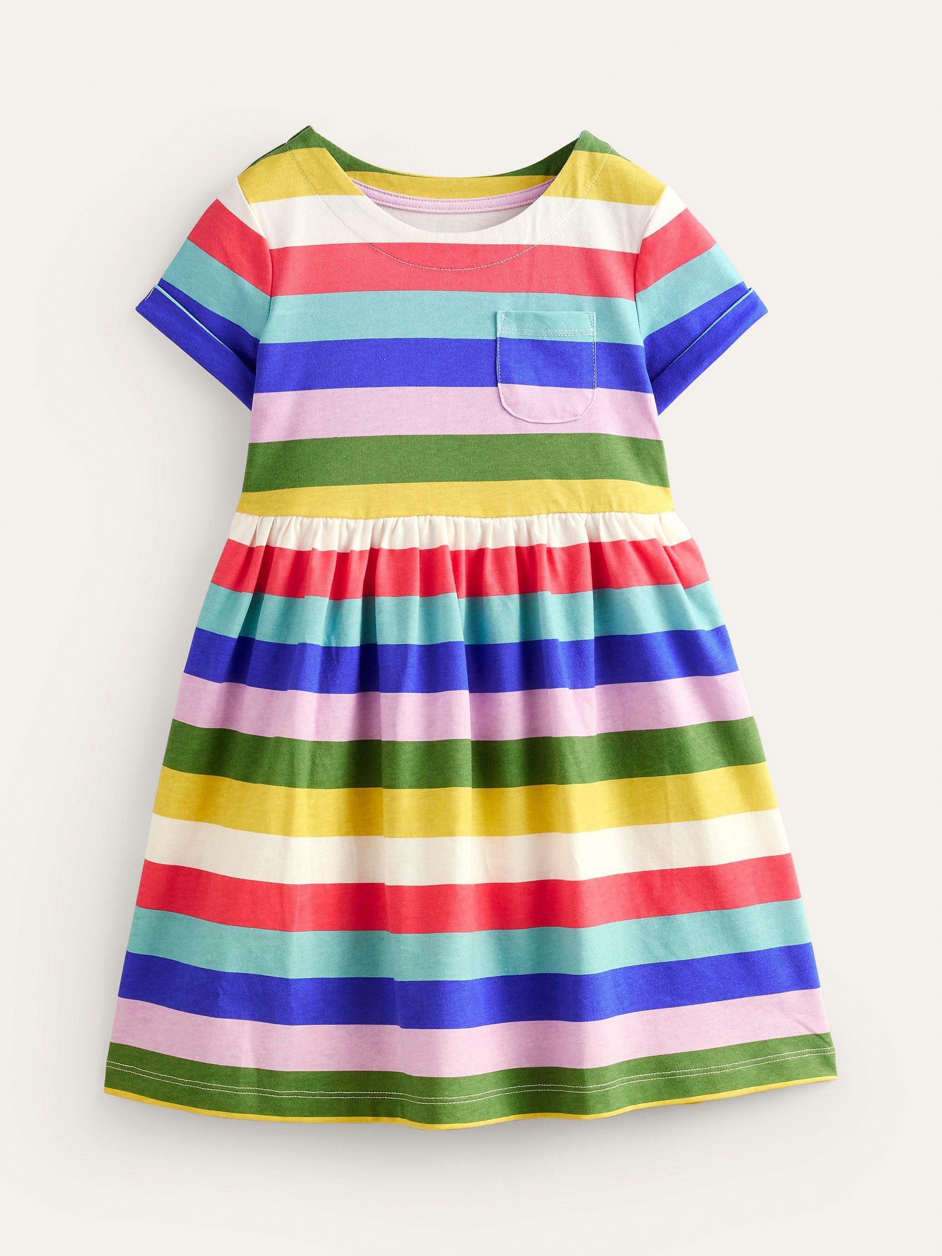 Mini Boden Kids' Short Sleeved Fun Rainbow Stripe Jersey Dress, Multi