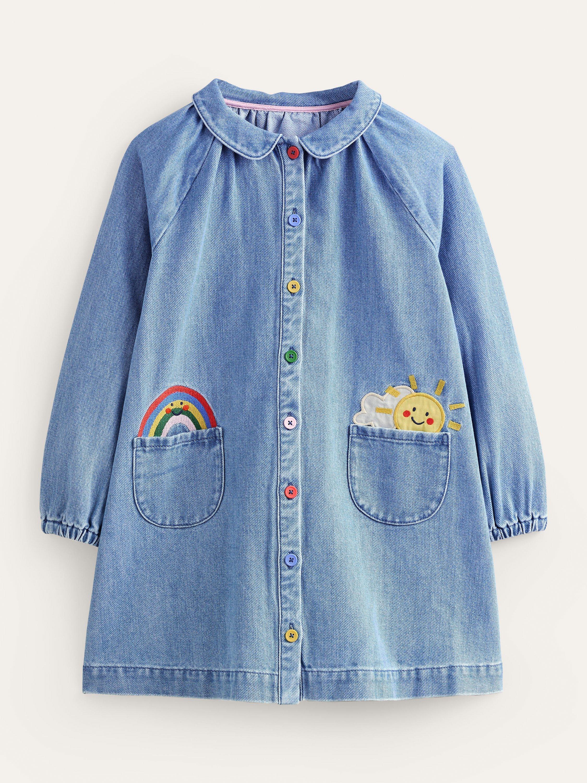 Mini Boden Kids' Weather Applique Shirt Dress, Mid Vintage Denim