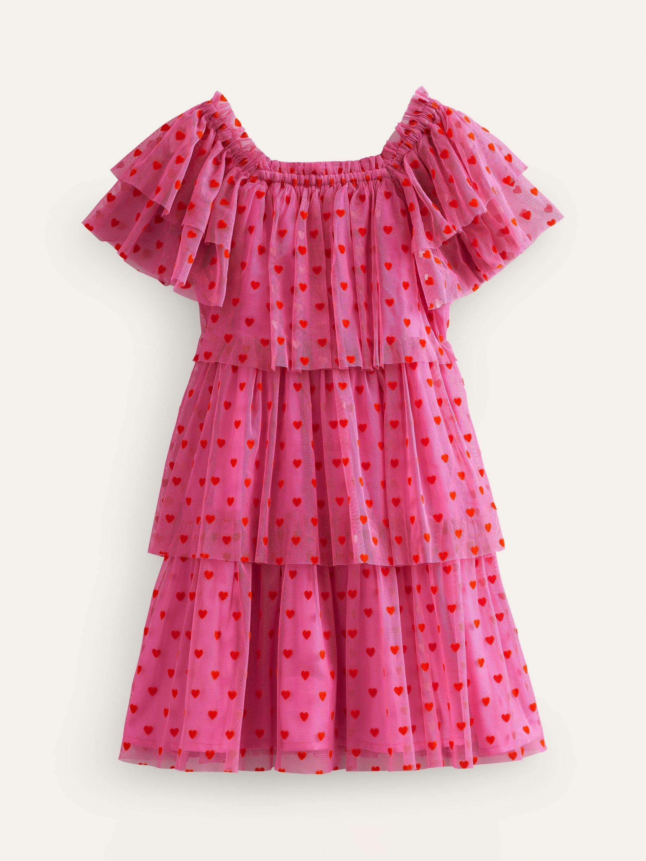 Mini Boden Kids' Heart Print Tiered Tulle Dress, Pink