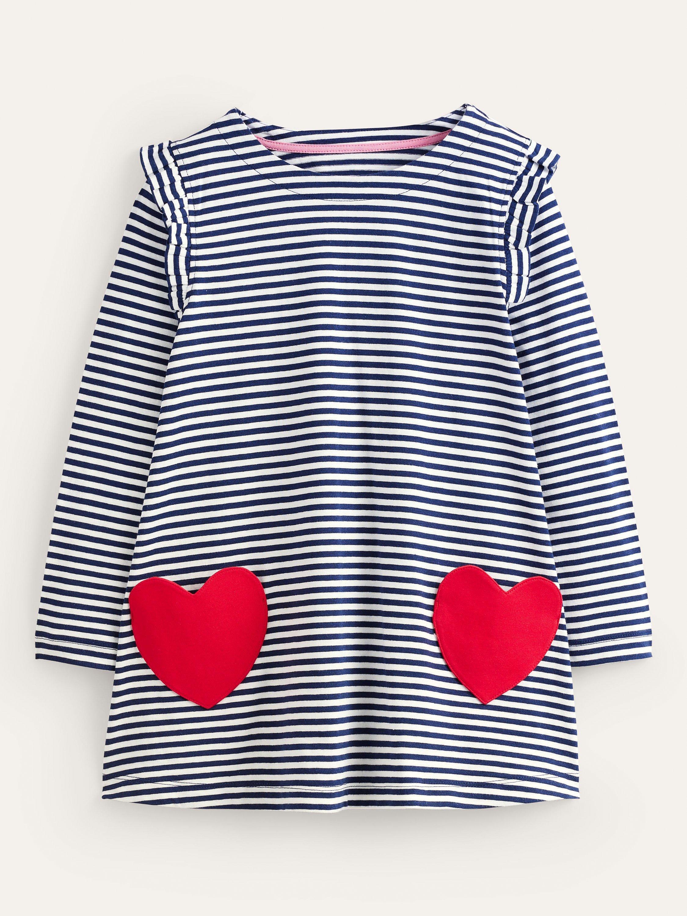 Mini Boden Kids' Heart Pocket Striped Tunic, Navy/Ivory