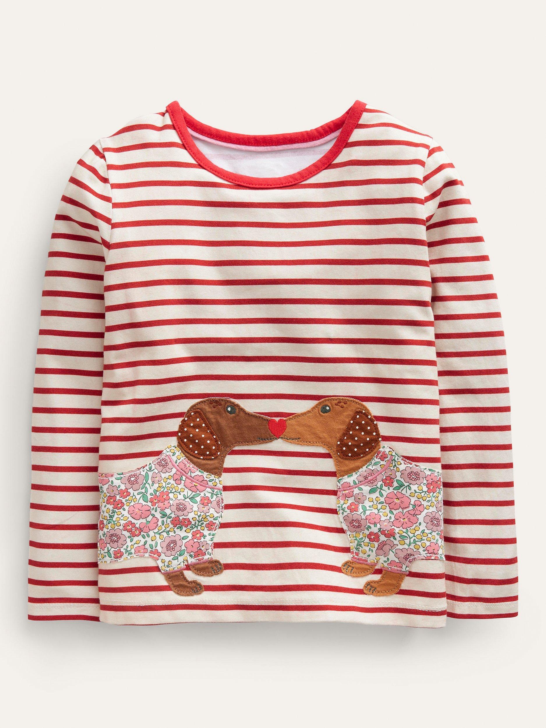 Mini Boden Kids' Dog Print Stripe T-Shirt, Ivory/Red