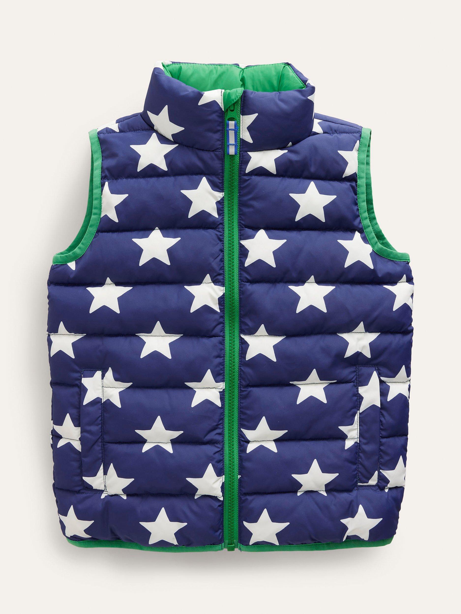 Mini Boden Kids' Stars Padded Gilet, Navy/Multi