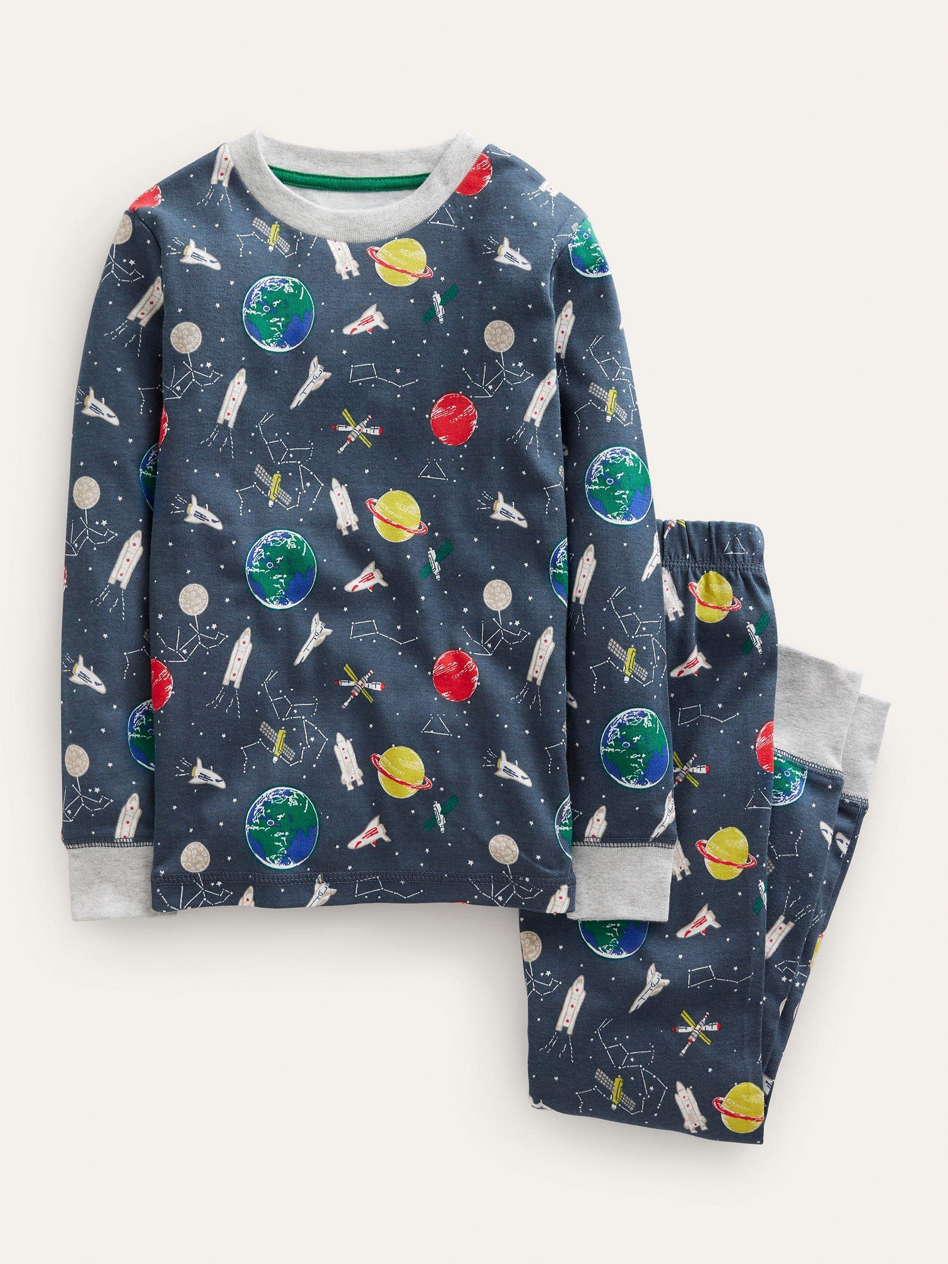 Mini Boden Kids' Space Print Pyjamas, Robot Blue/Space