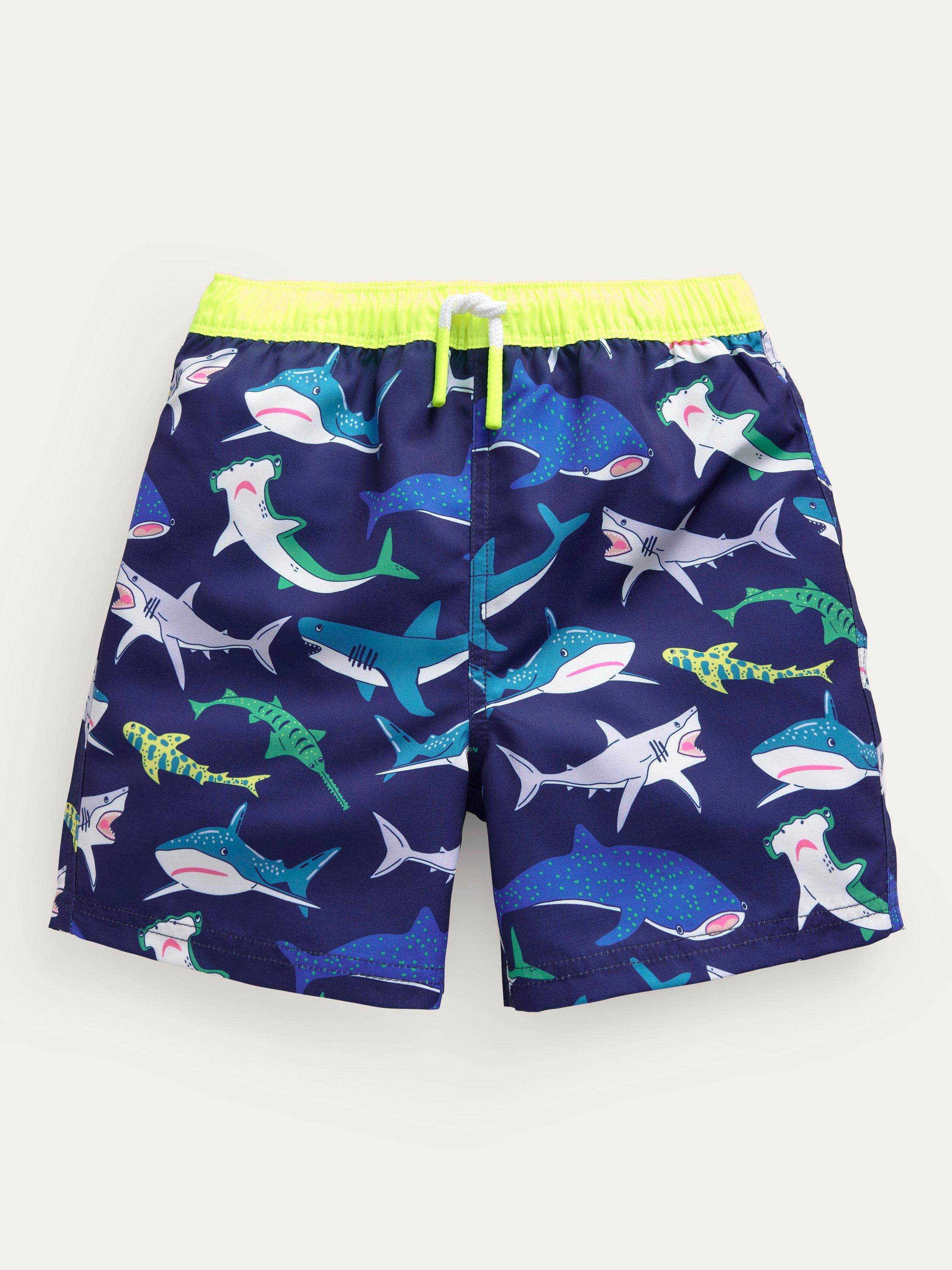 Mini Boden Kids' Printed Swim Shorts, Multi Sharks