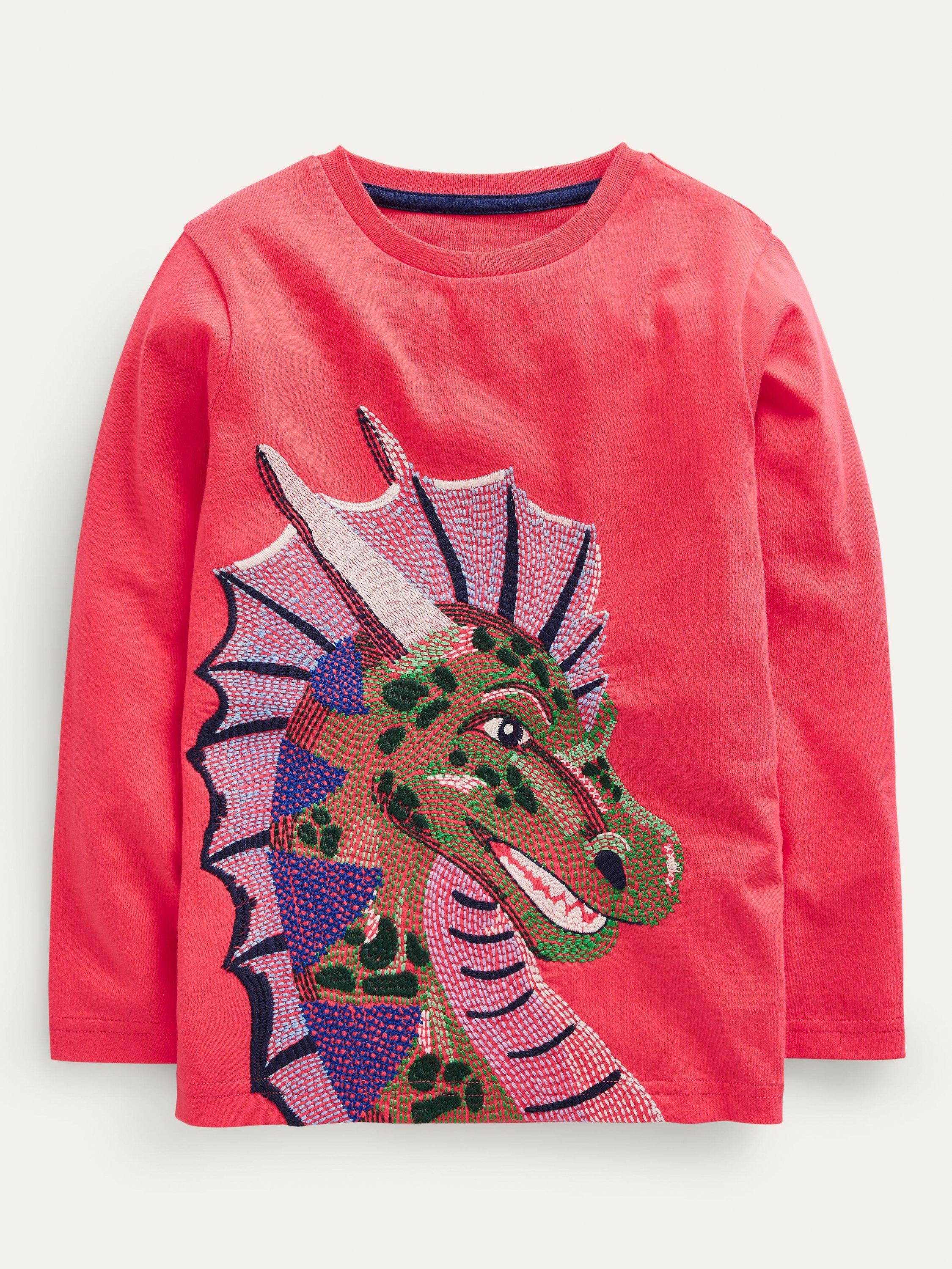 Mini Boden Kids' Superstitch Dragon T-Shirt, Jam Red Dragon