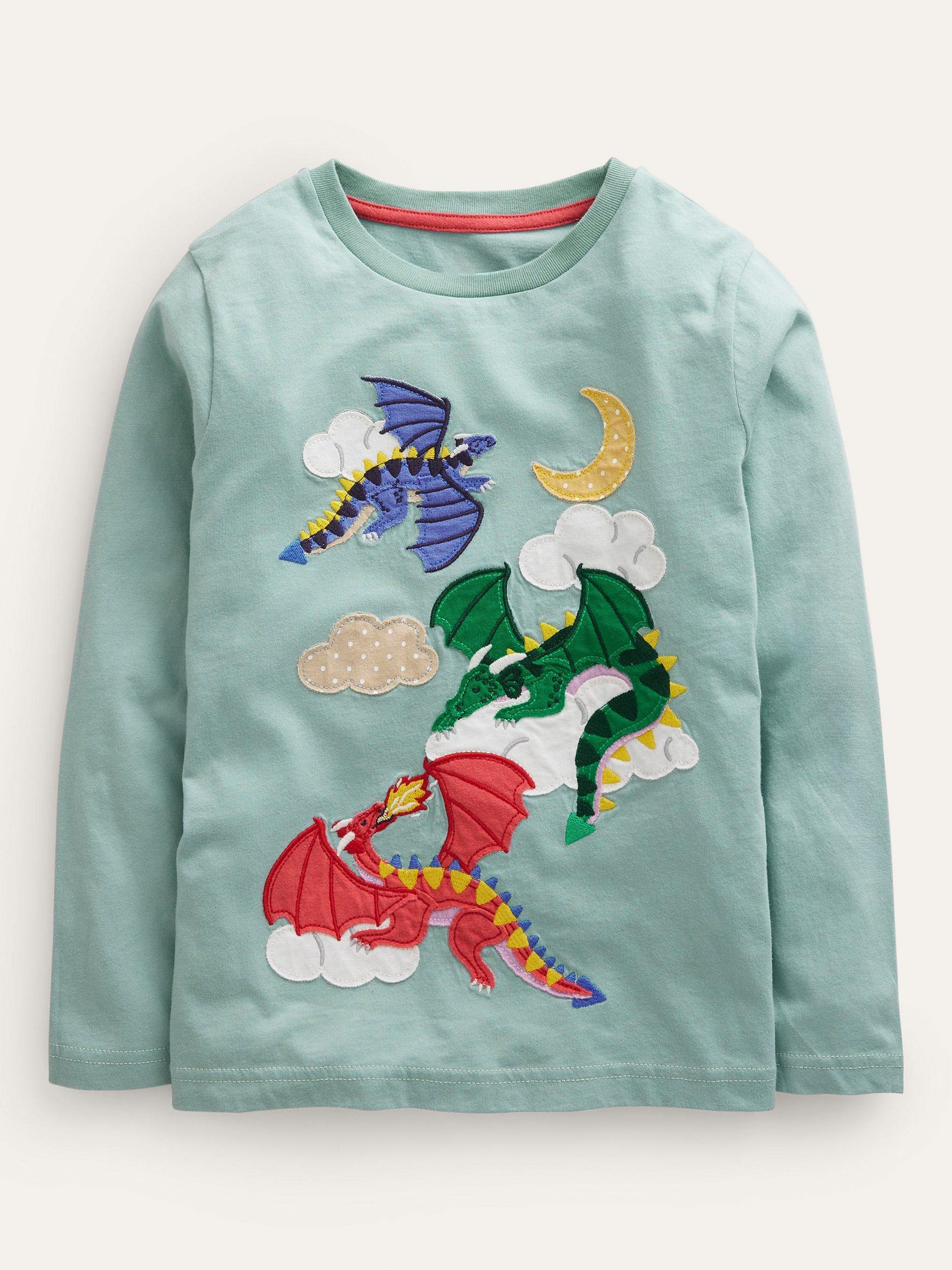 Mini Boden Kids' Dragon Appliqué T-Shirt, Georgia Blue Dragons