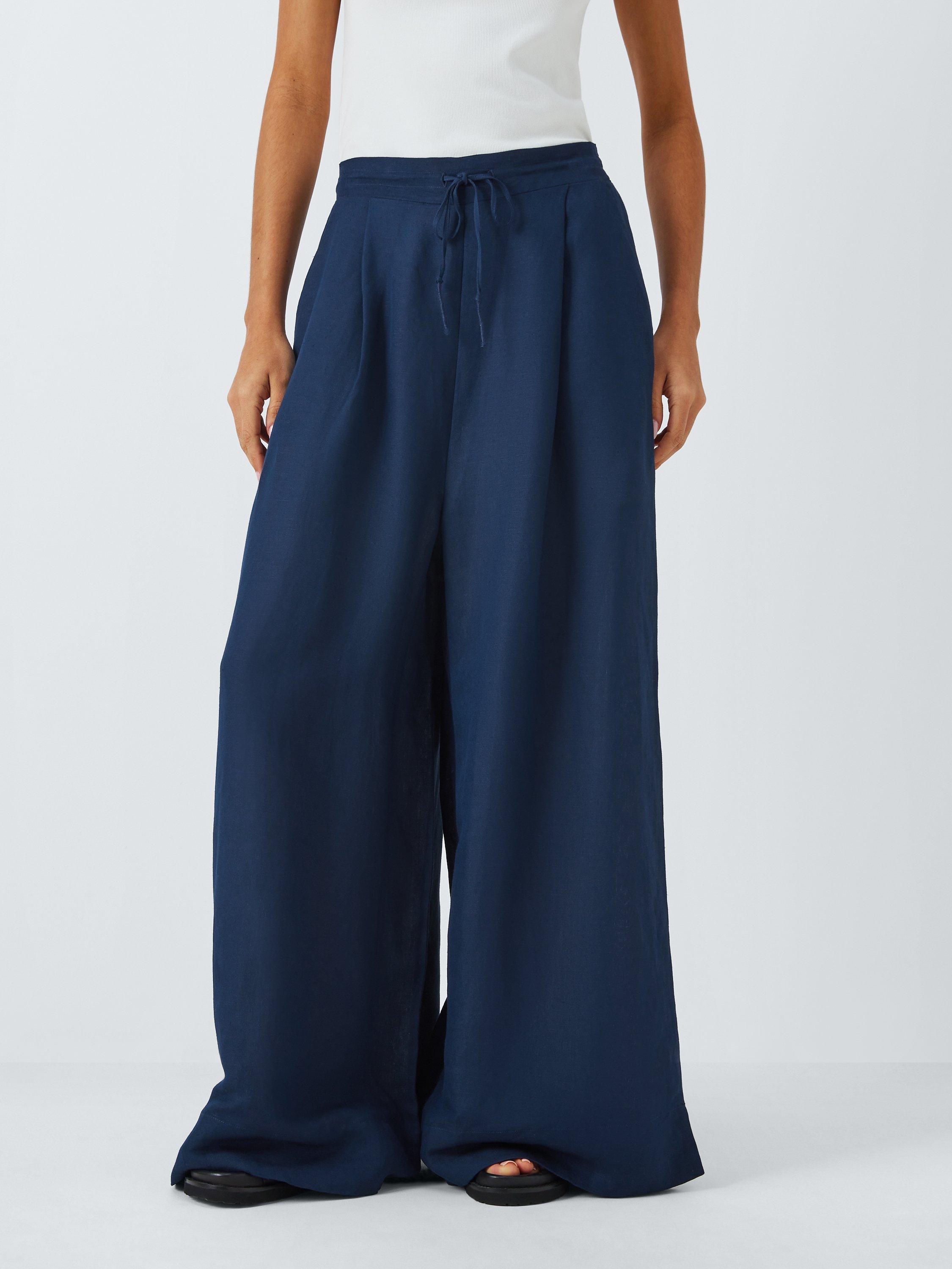 John Lewis Linen Blend Wide Leg Beach Trousers, Navy