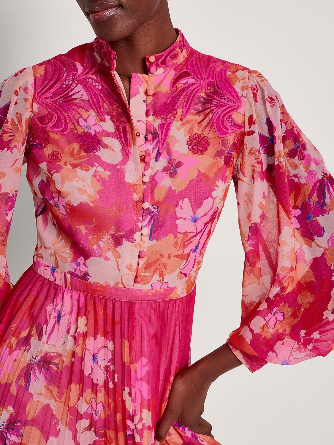 Product image 3 of 5, which shows Monsoon Floryn Floral Print Pleated Midi Dress, Pink/Multi, 16