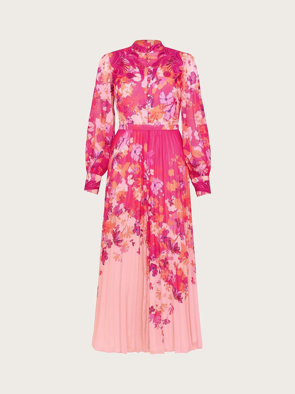 Product image 5 of 5, which shows Monsoon Floryn Floral Print Pleated Midi Dress, Pink/Multi, 16