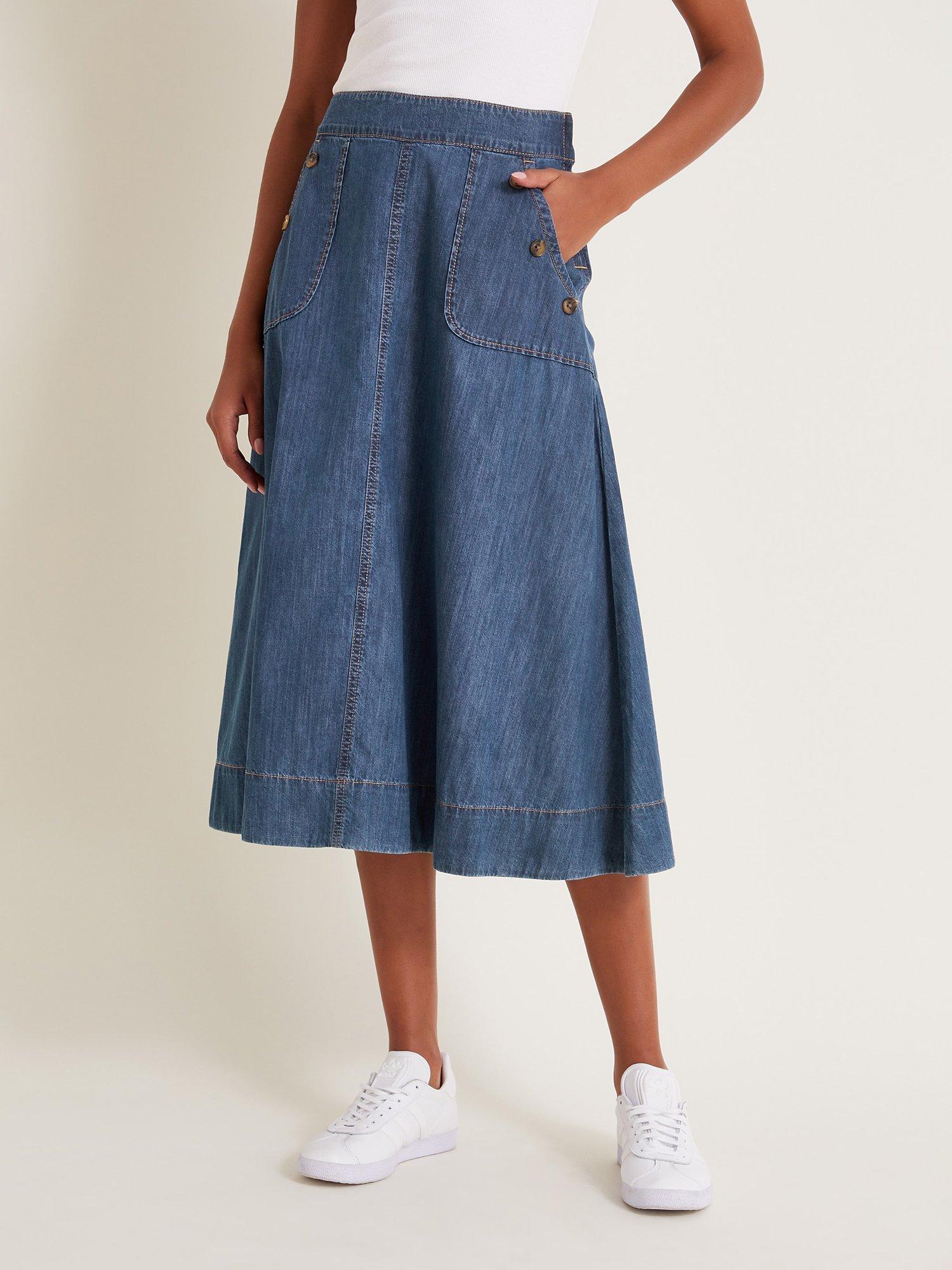 Monsoon Harper Midi Denim Skirt, Denim Blue