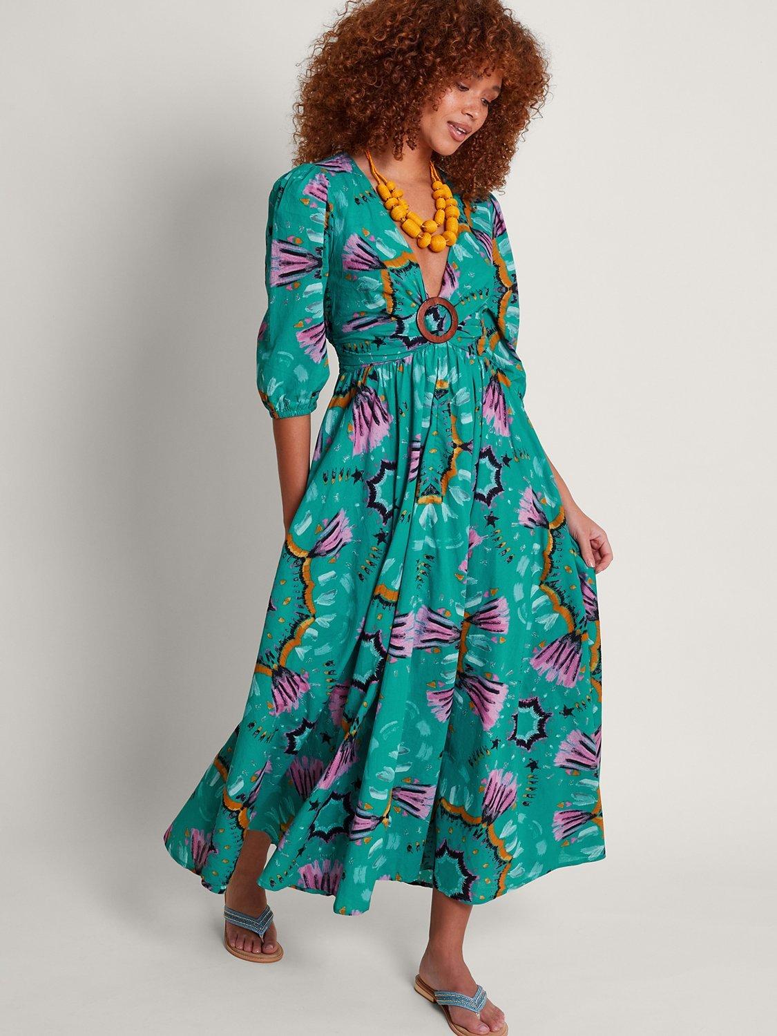 Monsoon Allegra Ecovero Ring Dress, Teal/Multi
