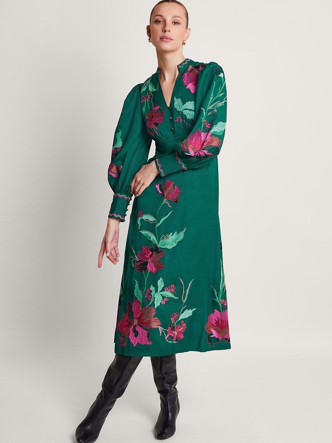 Monsoon Lyra Floral Embroidered Midi Dress, Green/Multi