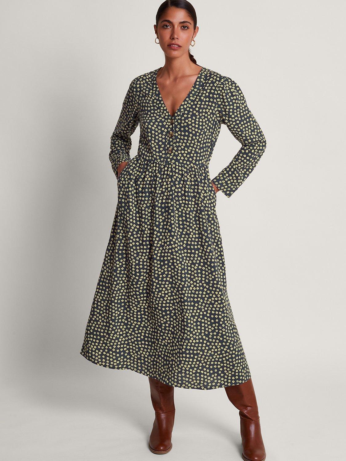 Monsoon Sancha Floral Print Midi Dress, Navy/Multi