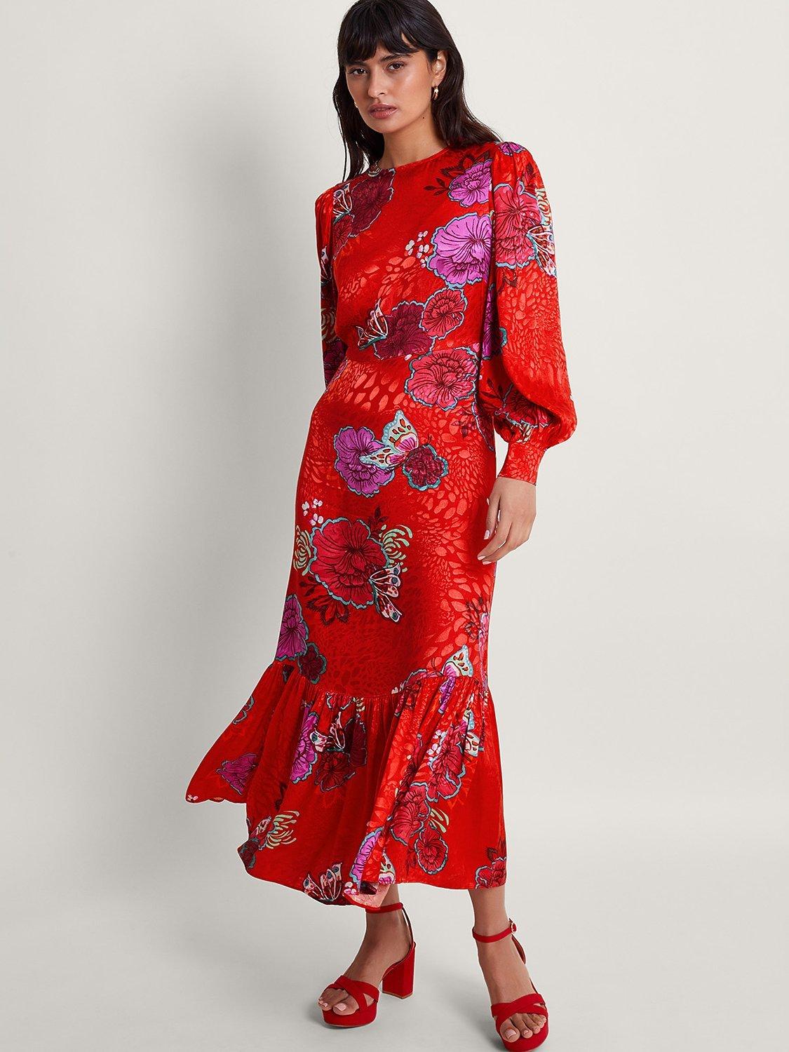 Monsoon Esme Floral Tea Dress, Red/Multi