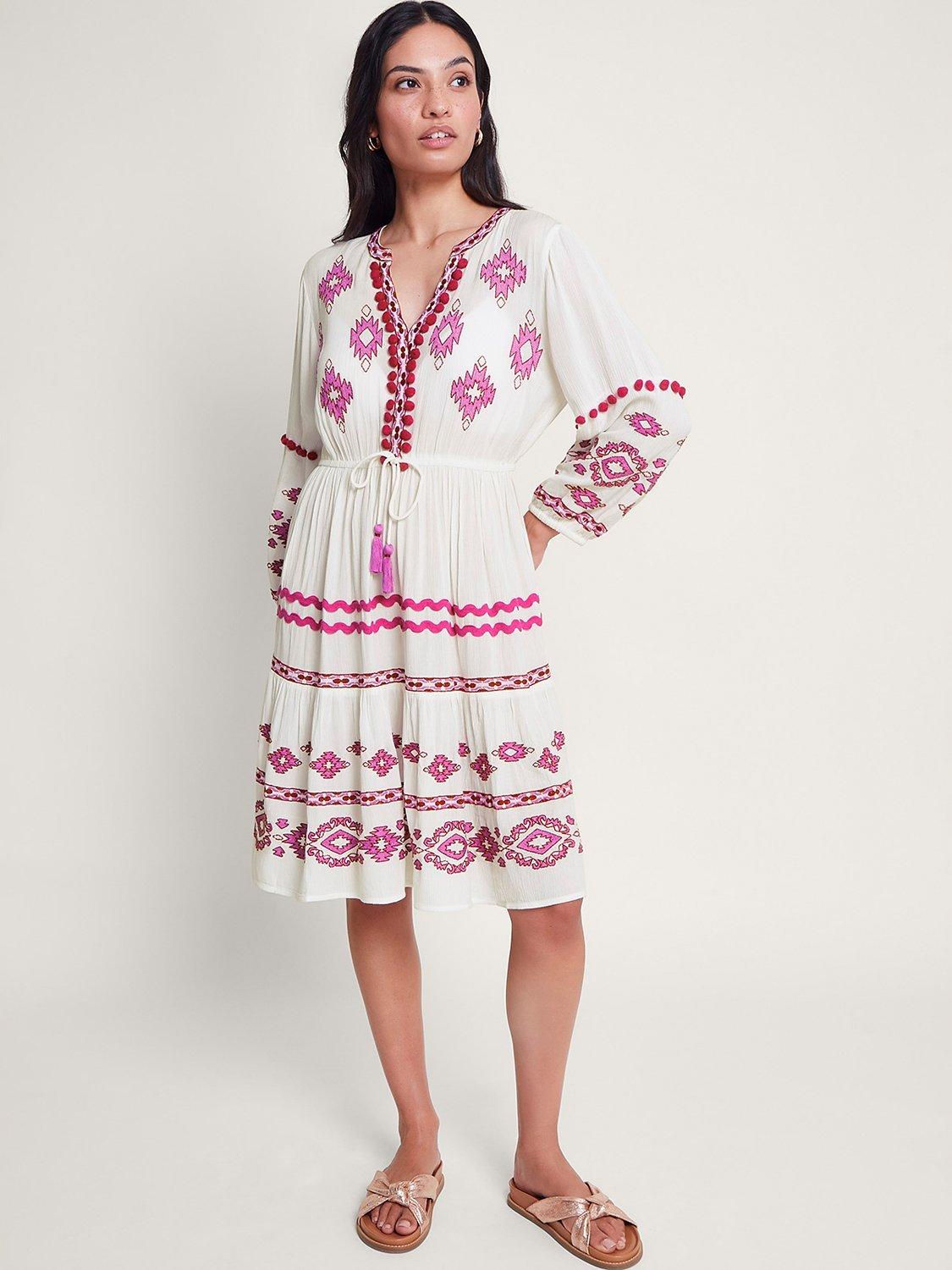 Monsoon Catia Embroidered Kaftan Dress, White/Multi, L