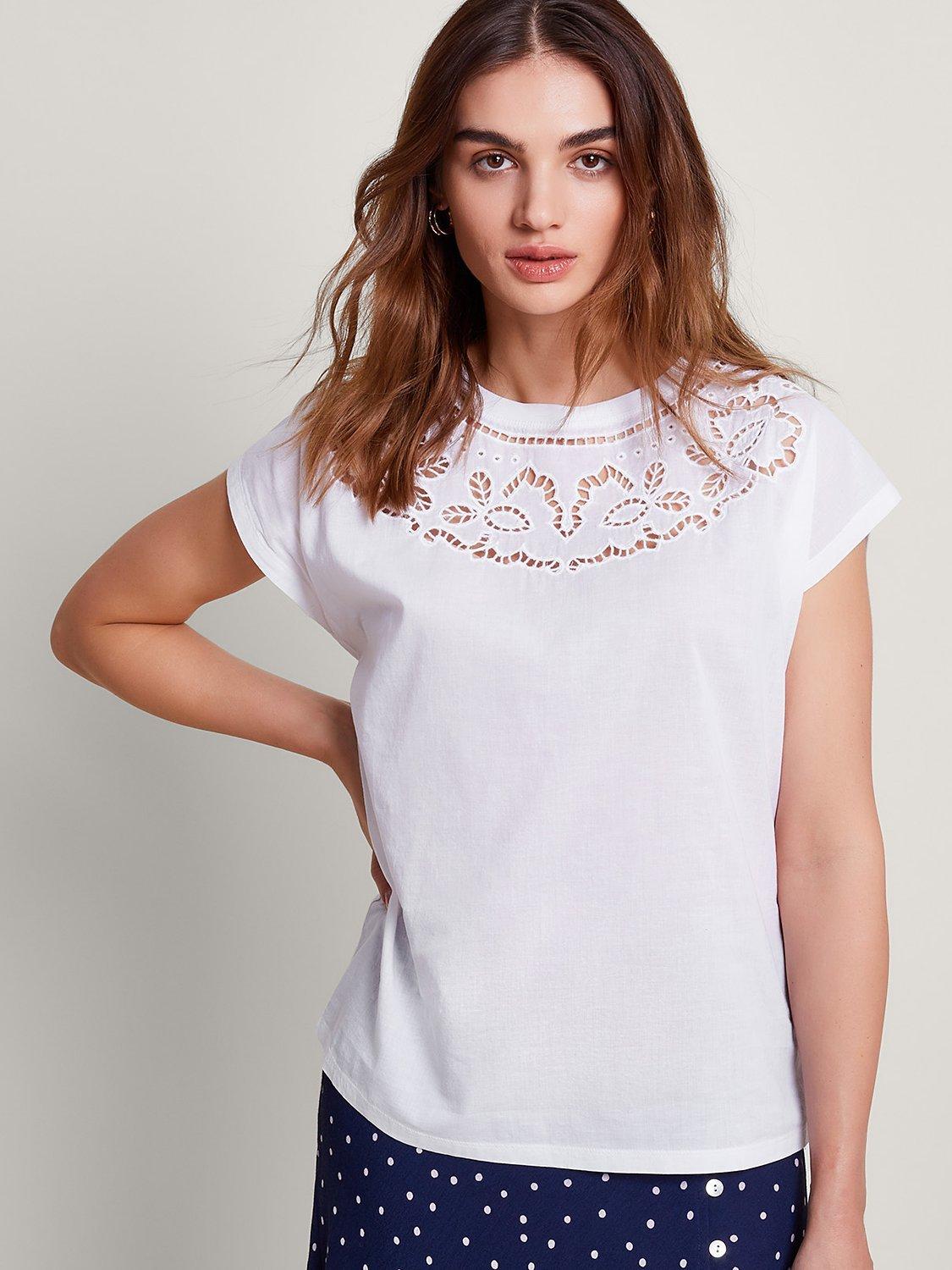 Monsoon Garcia Cutwork Cotton T-shirt, White, S