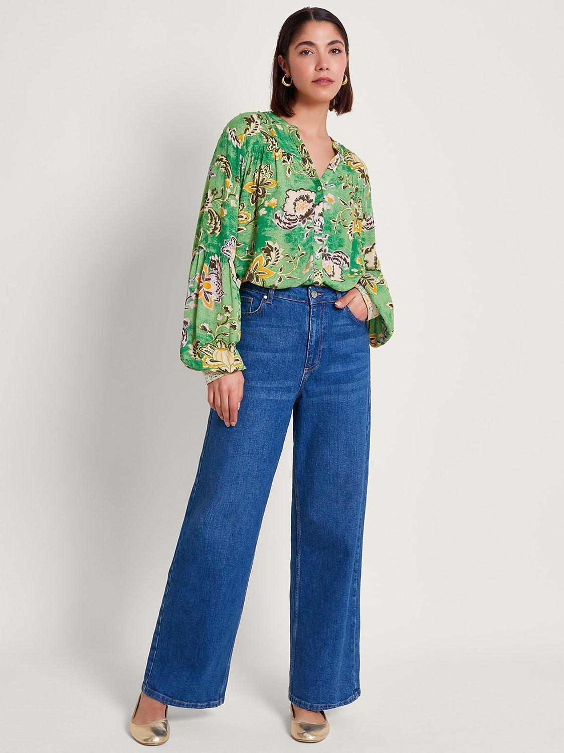 Monsoon Juliet Floral Print Balloon Sleeve Blouse, Green/Multi