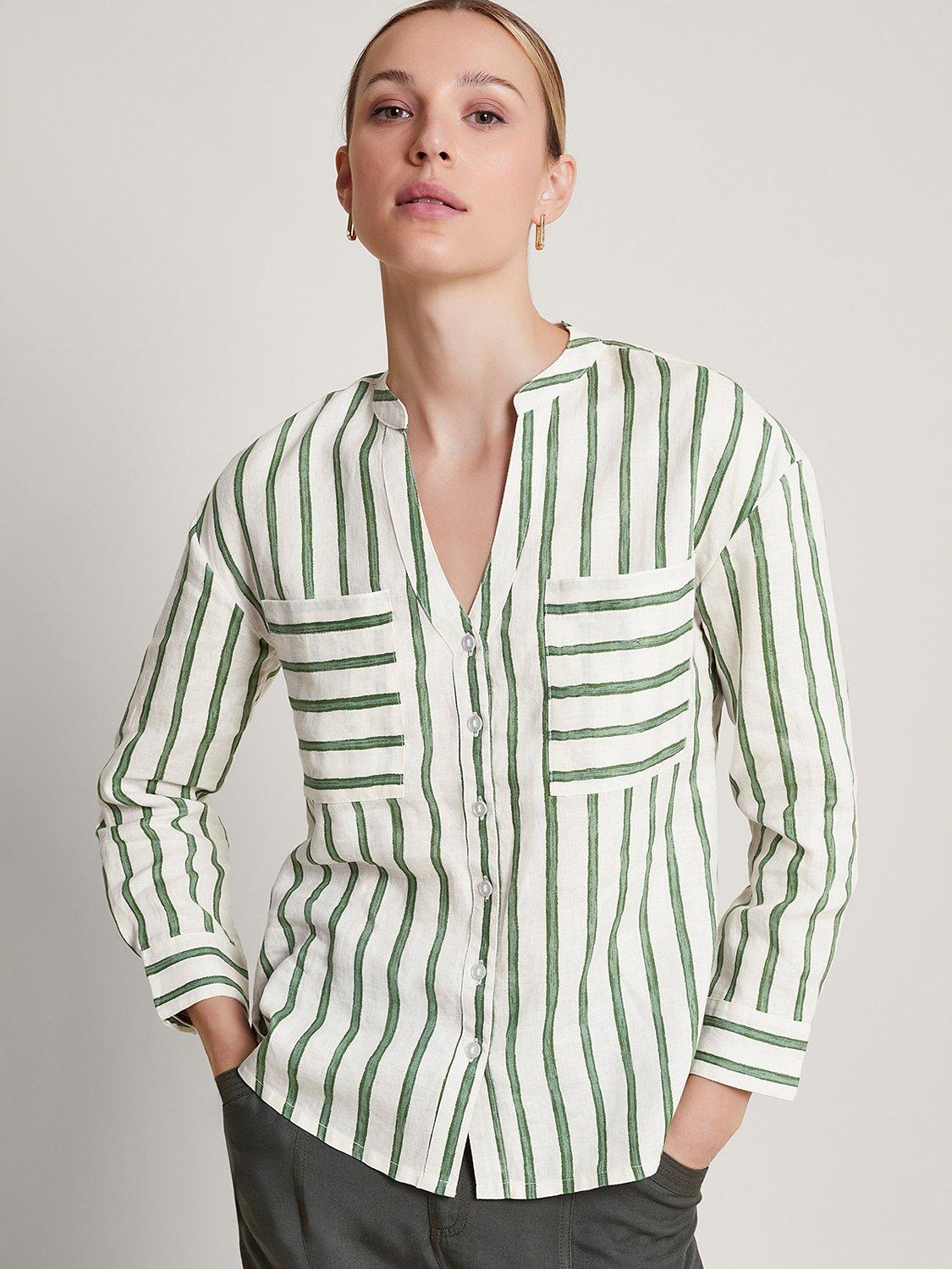 Monsoon Santana Striped Linen Shirt, Green/Ivory