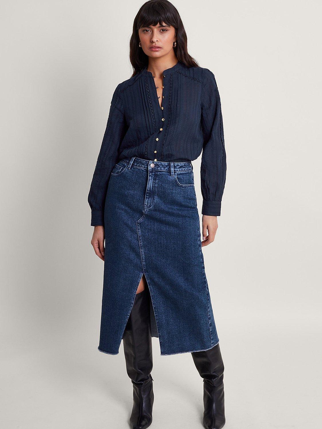 Monsoon Evelyn Cotton Scallop Shirt, Navy