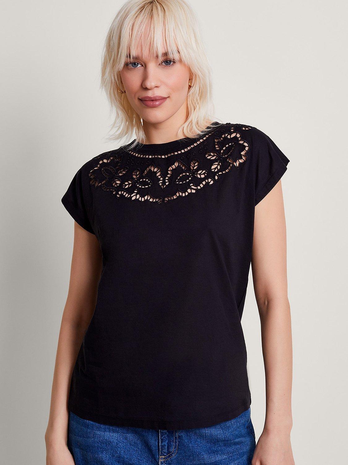 Monsoon Garcia Cutwork Cotton T-shirt, Black, XXL