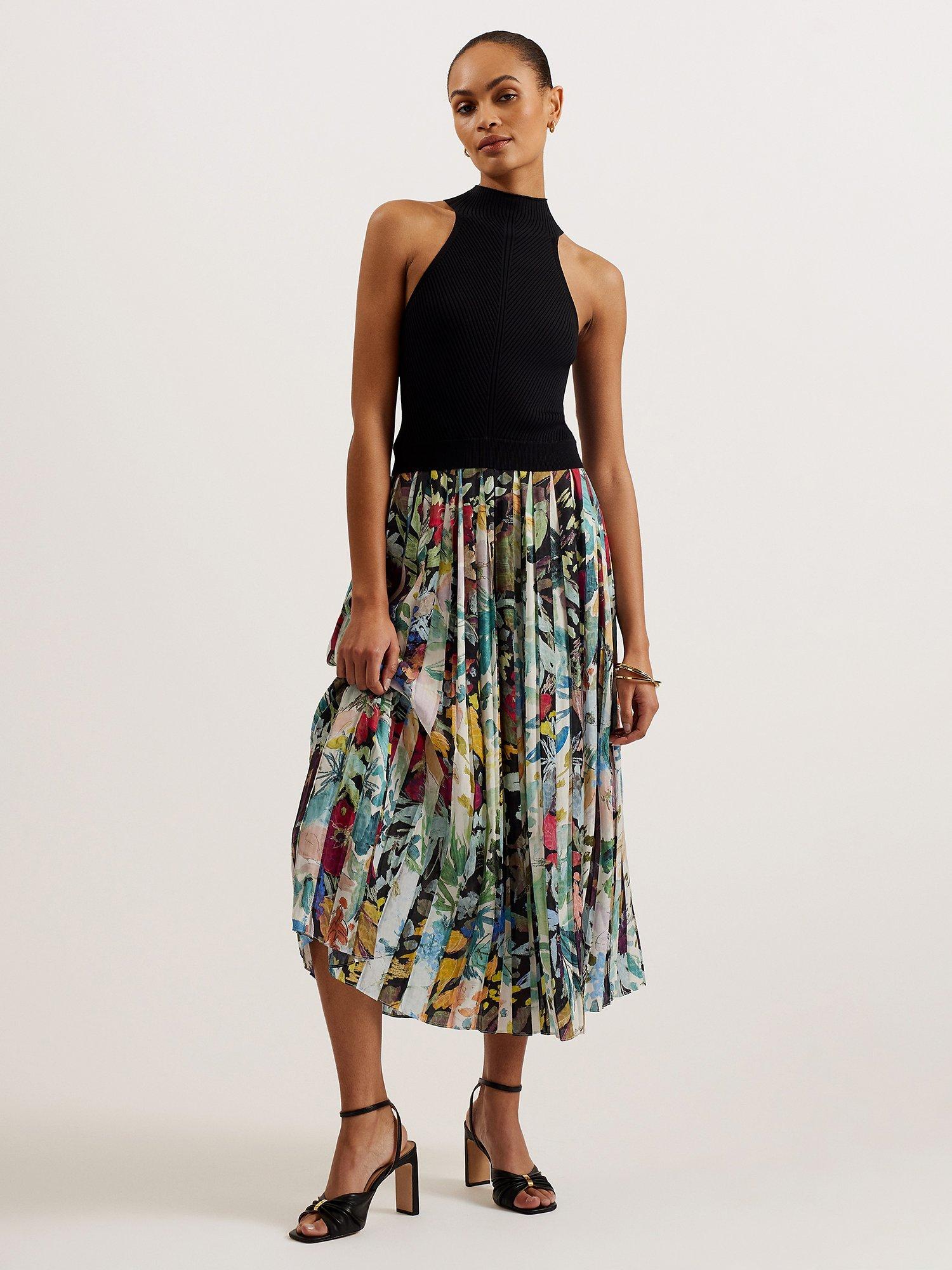 Ted Baker Corino Mockable Pleated Midi Dress, Black/Multi