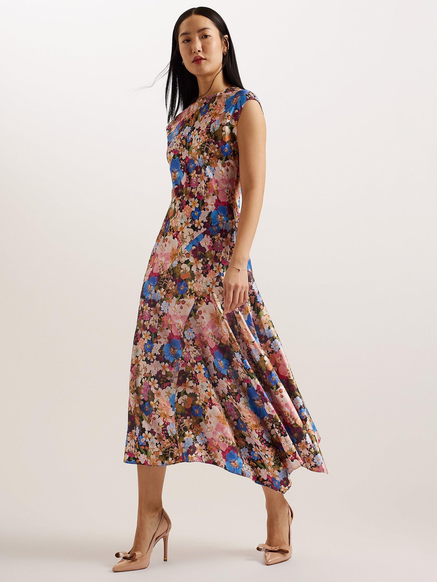 Ted Baker Slanno Floral Print Asymmetric Hem Midi Dress, Multi
