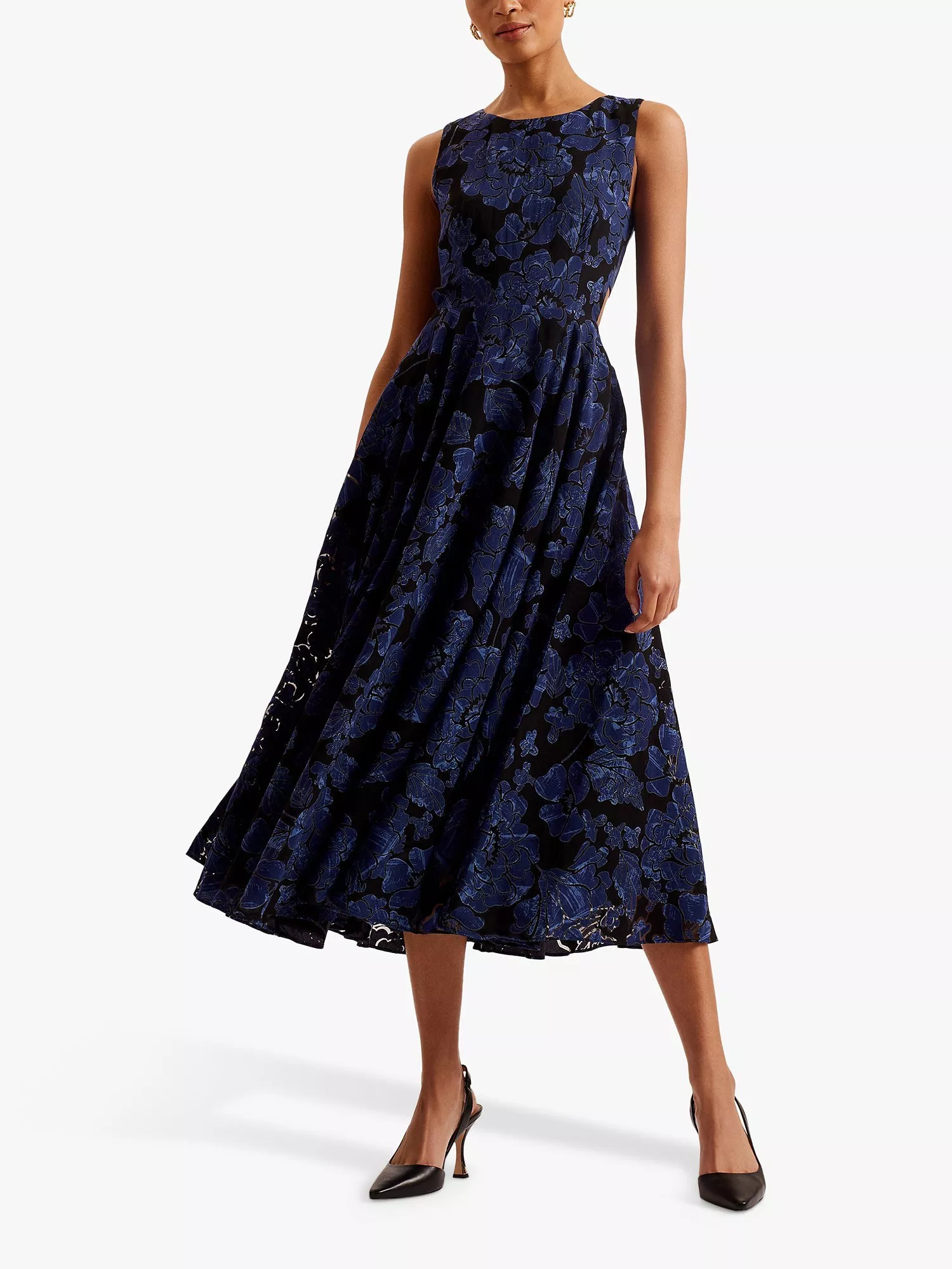 Ted Baker Occhito Textured Floral Print Cut Out Midi Dress Navy