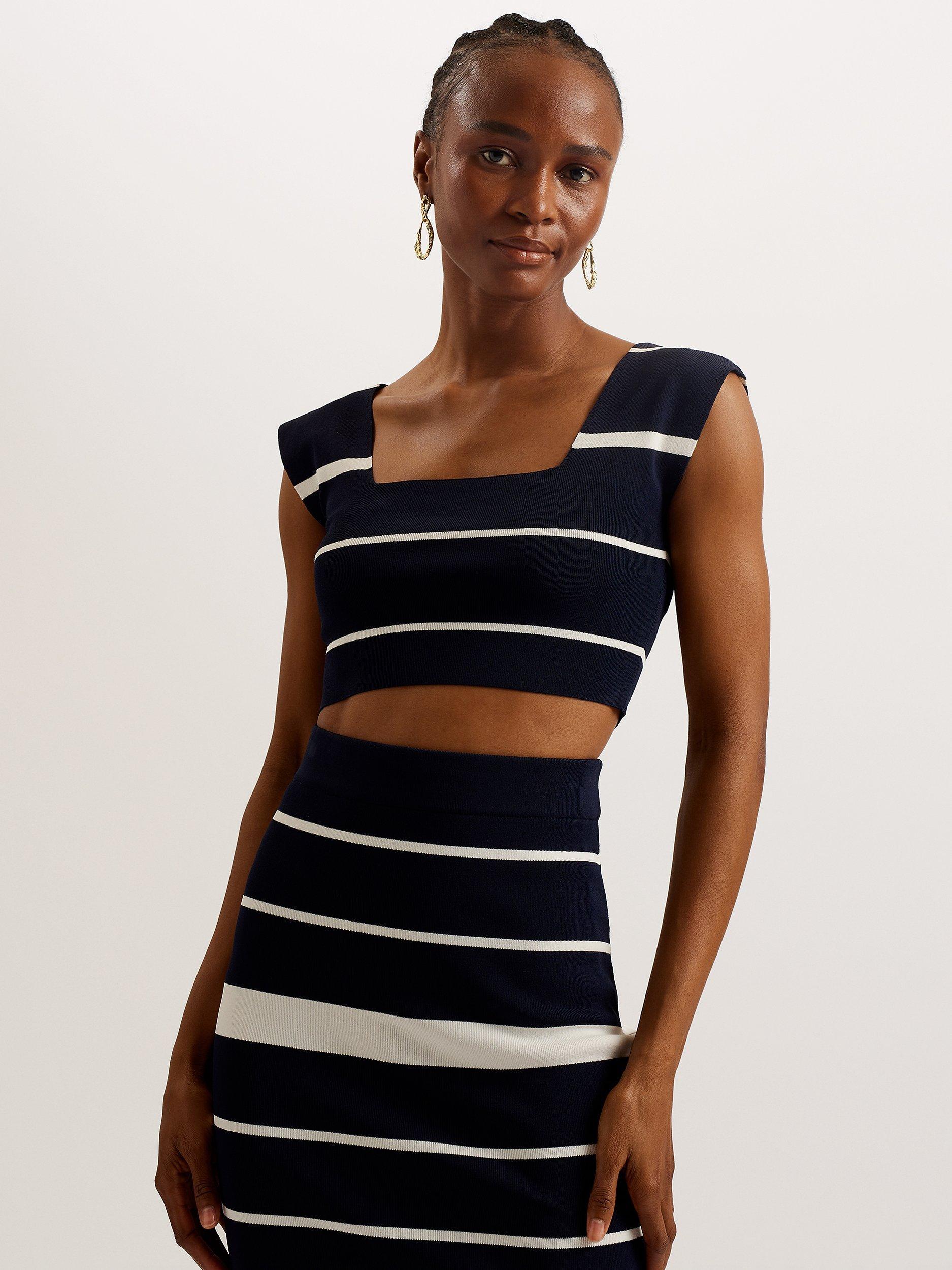Ted Baker Ellle Square Neck Rib Knit Cropped Top, Navy/Ivory