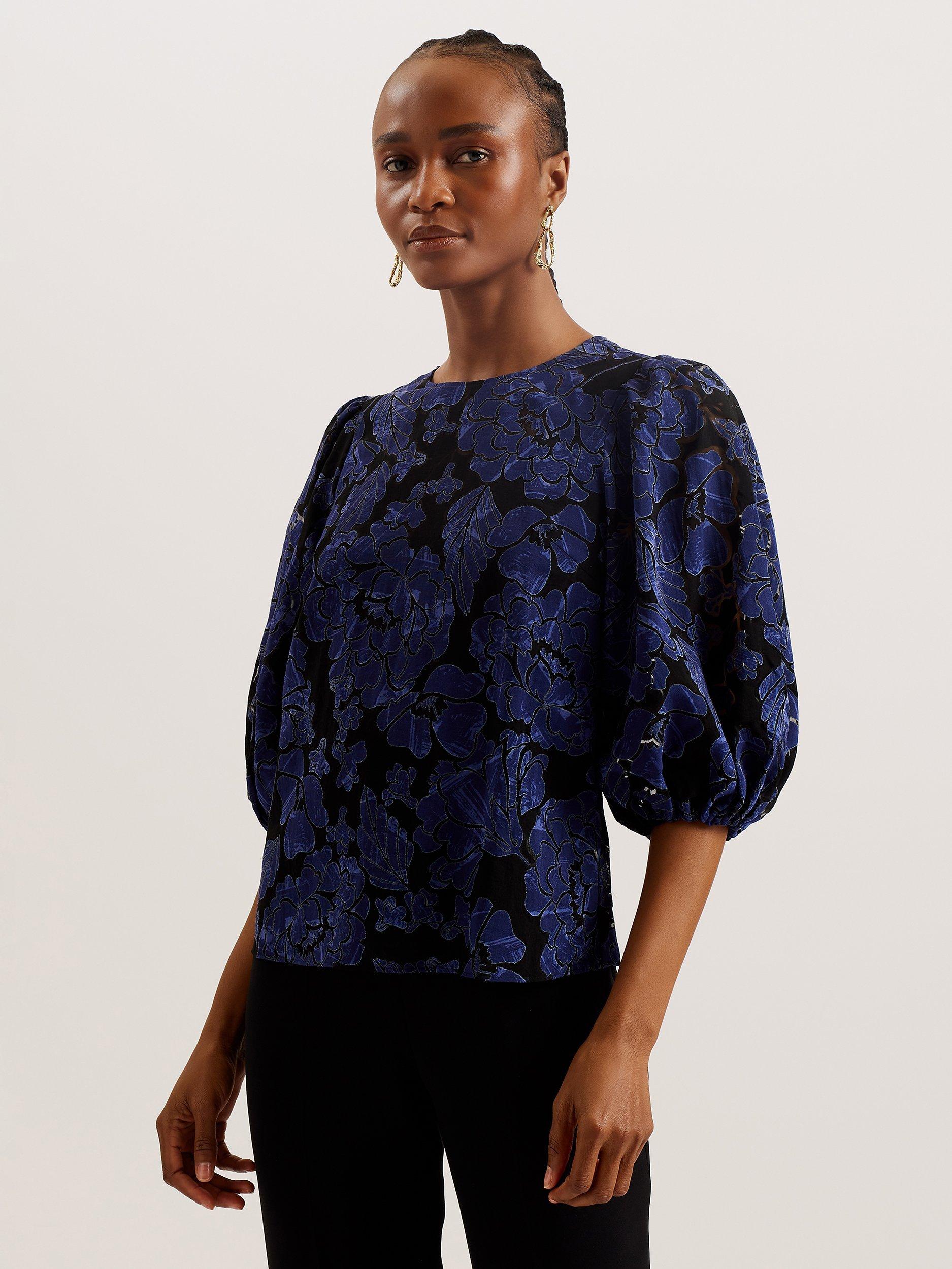 Ted Baker Arpy Textured Floral Print Balloon Sleeve Top, Navy