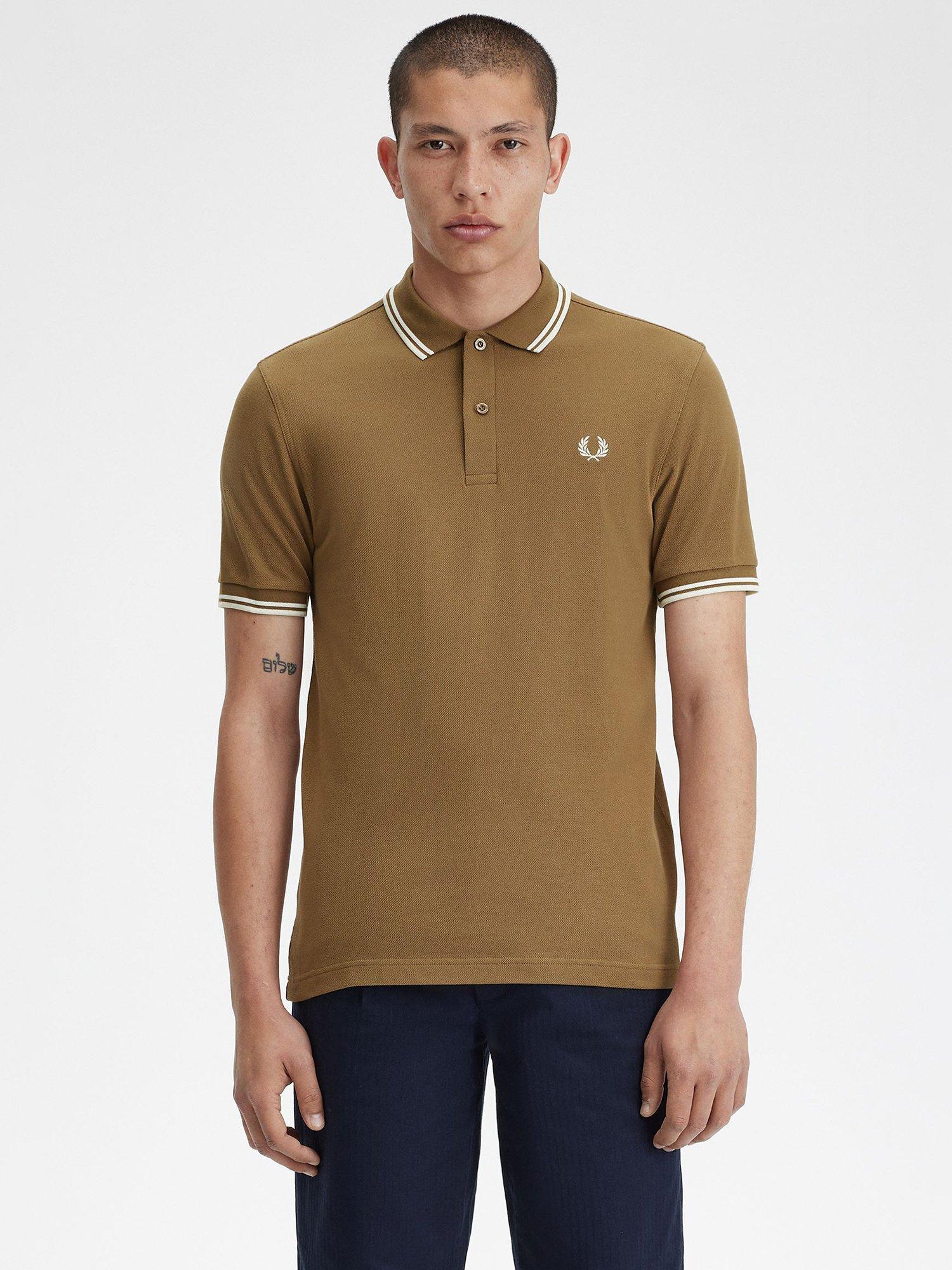 Fred Perry Twin Tipped Short Sleeve Polo Shirt, Brown/Ecru, L
