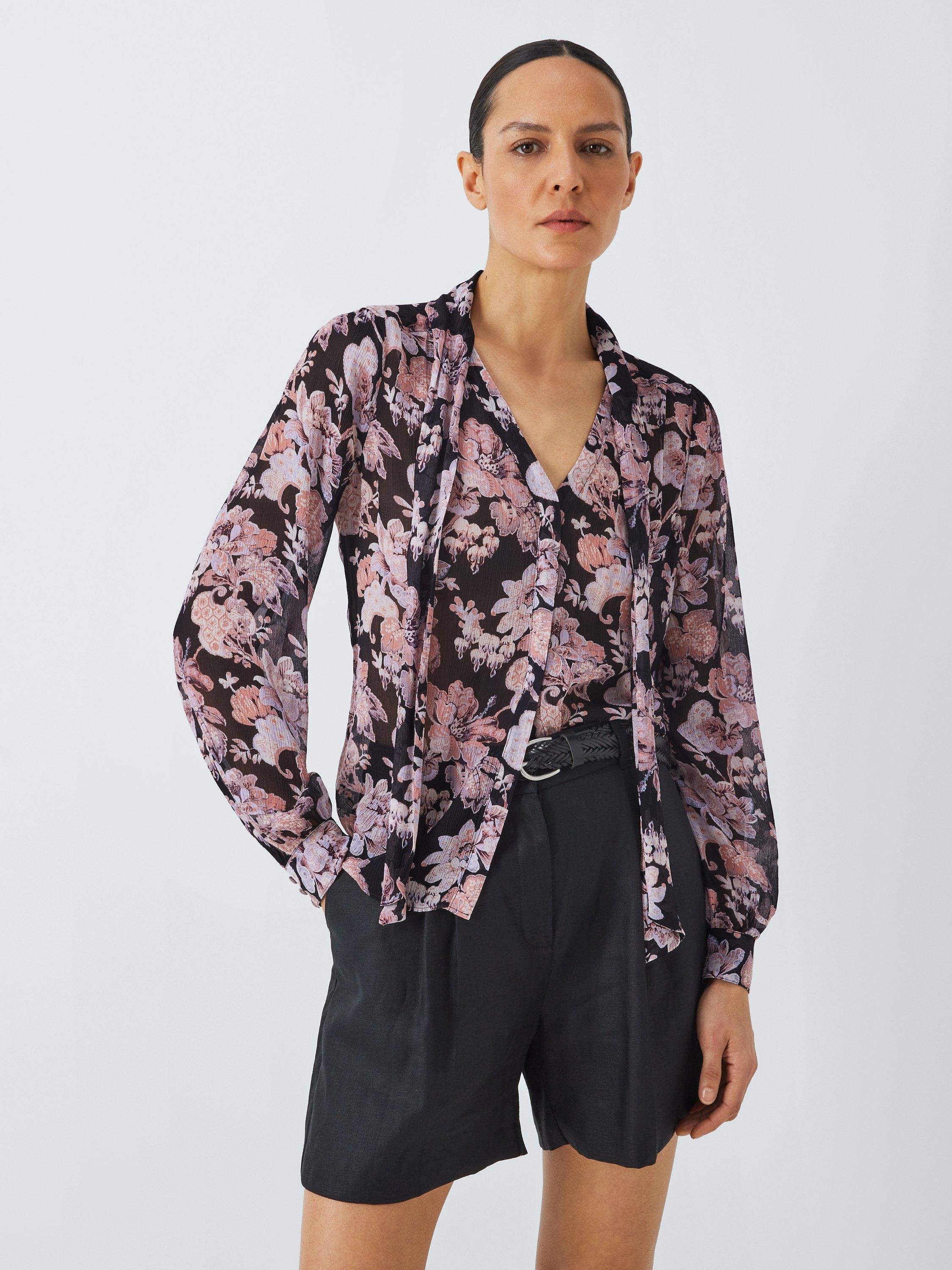 PAIGE Kirstie Floral Print Silk Blouse, Black/Multi