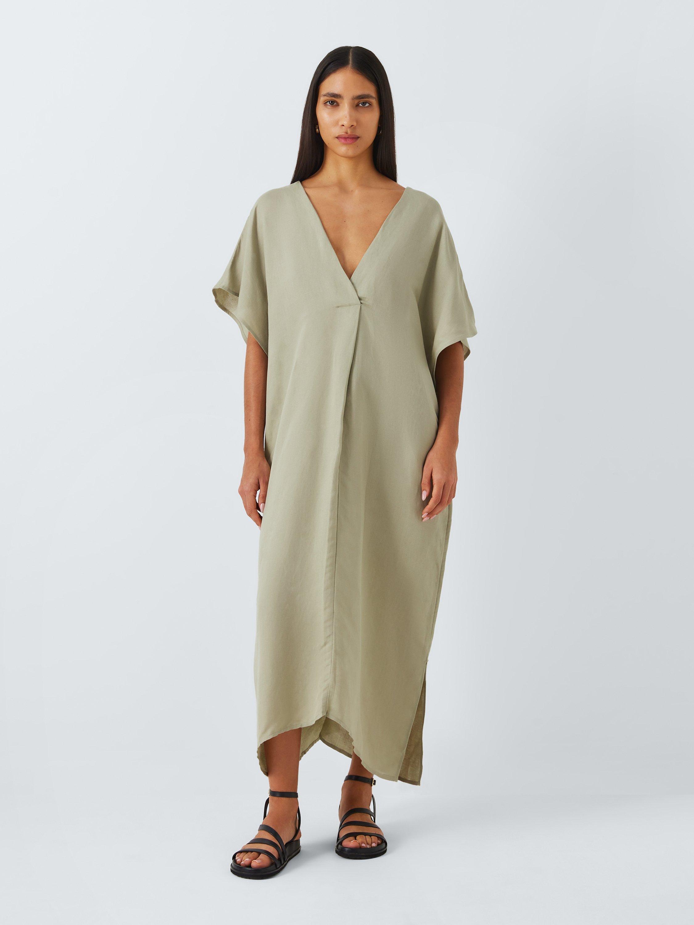 John Lewis Tie Neck Linen Blend Kaftan Khaki