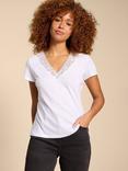 White Stuff Ellie Embroidered Linen Blend T-Shirt, Brilliant White