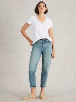 White Stuff Ellie Embroidered Linen Blend T-Shirt, Brilliant White, Brilliant White