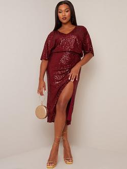 Chi Chi London Glitter V-Neck Dress, Red, Red