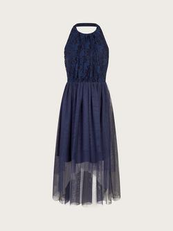 Monsoon Kids' Hayley Lace Halter Neck Dip Hem Prom Dress, Navy