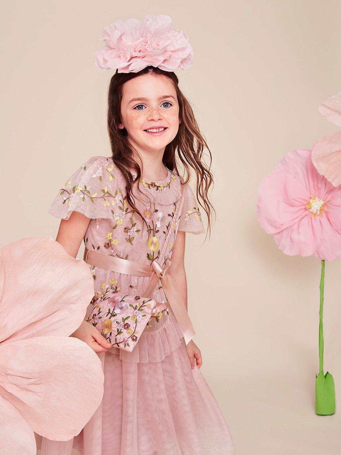 Monsoon Kids Cora Floral Embroidered Ruffle Occasion Dress Pink