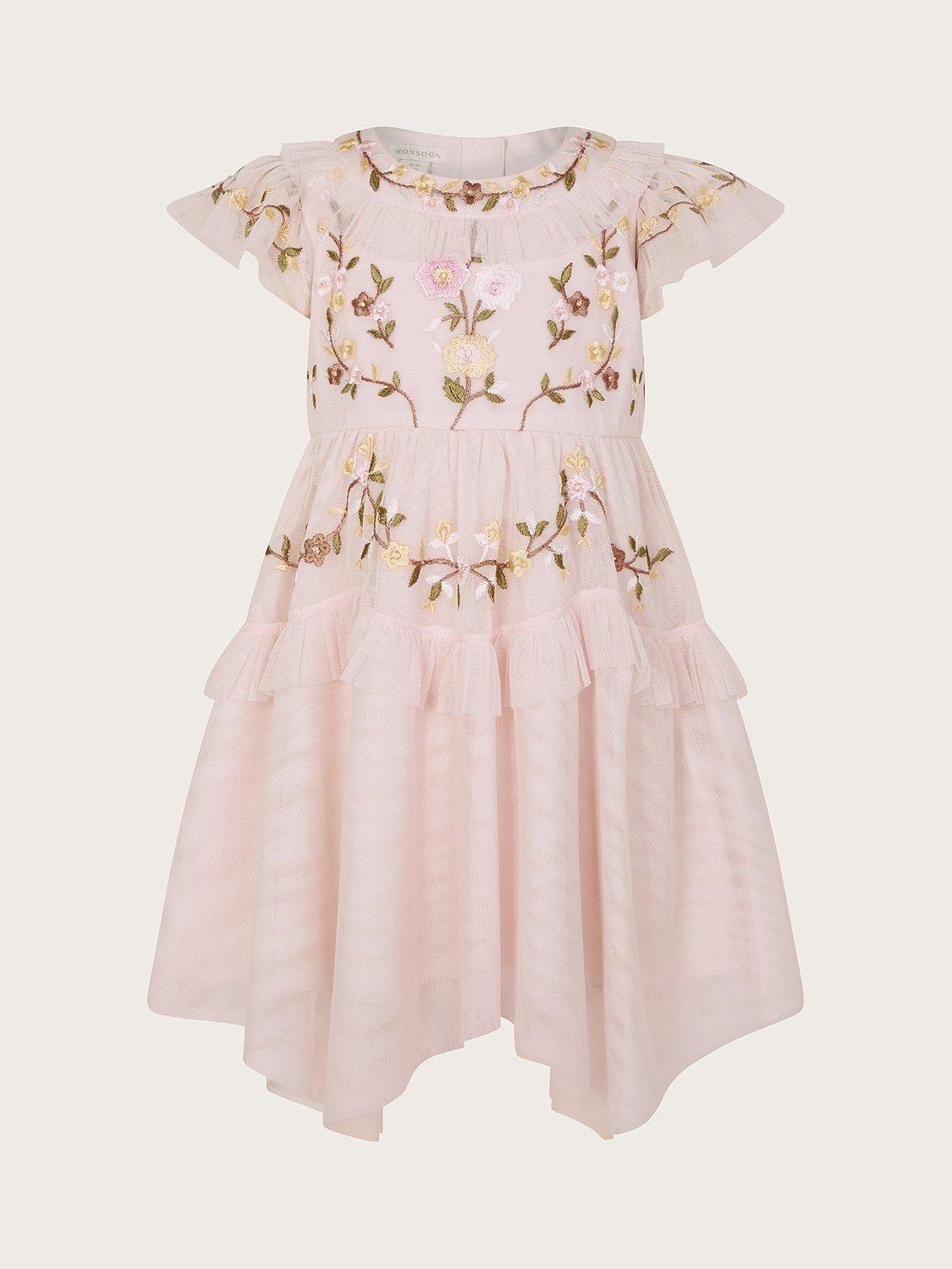 Monsoon Baby Cora Floral Embroidered Occasion Dress, Pink