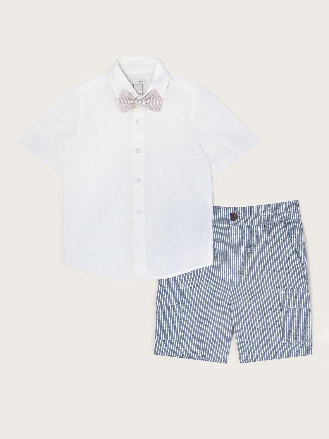 Monsoon Kids' Smart Shirt, Stripe Shorts & Bow Tie Set, Blue/White, Blue