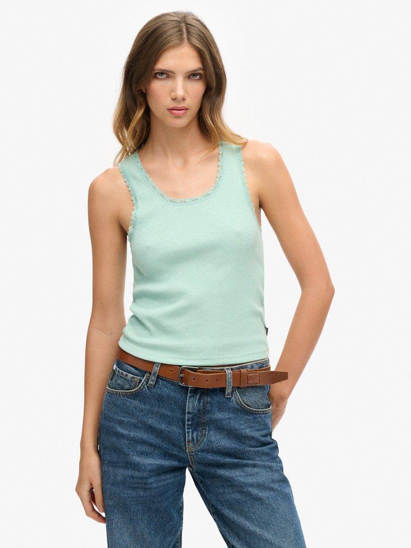 Product image 1 of 4, which shows Superdry Vintage Lace Trim Organic Cotton Rich Vest Top, Minted Green Marl, XS-S