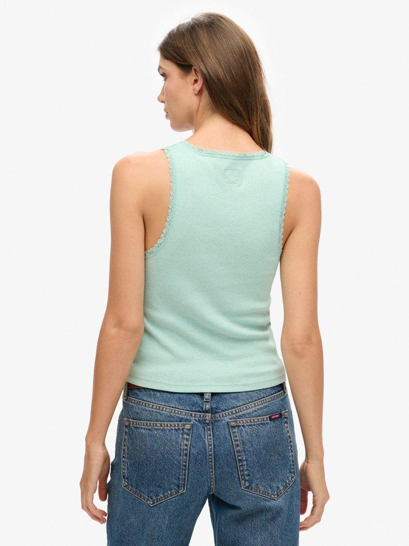 Product image 2 of 4, which shows Superdry Vintage Lace Trim Organic Cotton Rich Vest Top, Minted Green Marl, XS-S