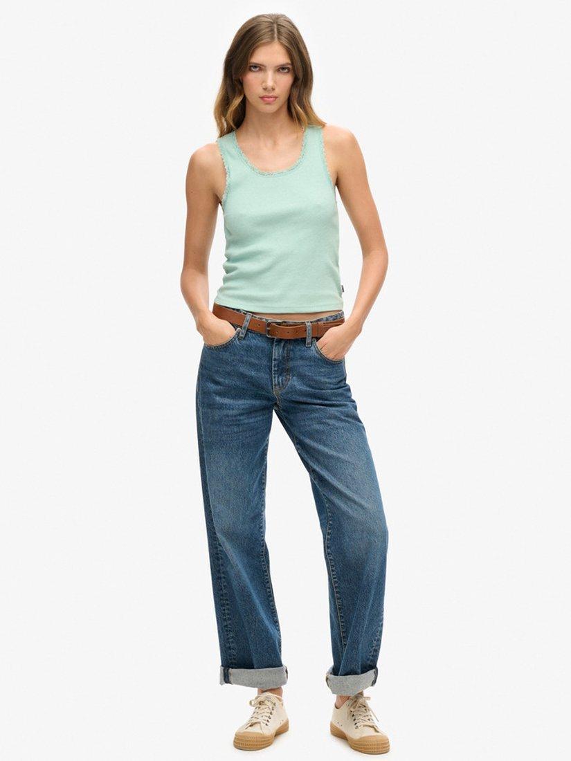 Product image 3 of 4, which shows Superdry Vintage Lace Trim Organic Cotton Rich Vest Top, Minted Green Marl, XS-S