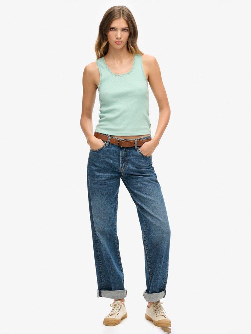Product image 4 of 4, which shows Superdry Vintage Lace Trim Organic Cotton Rich Vest Top, Minted Green Marl, XS-S