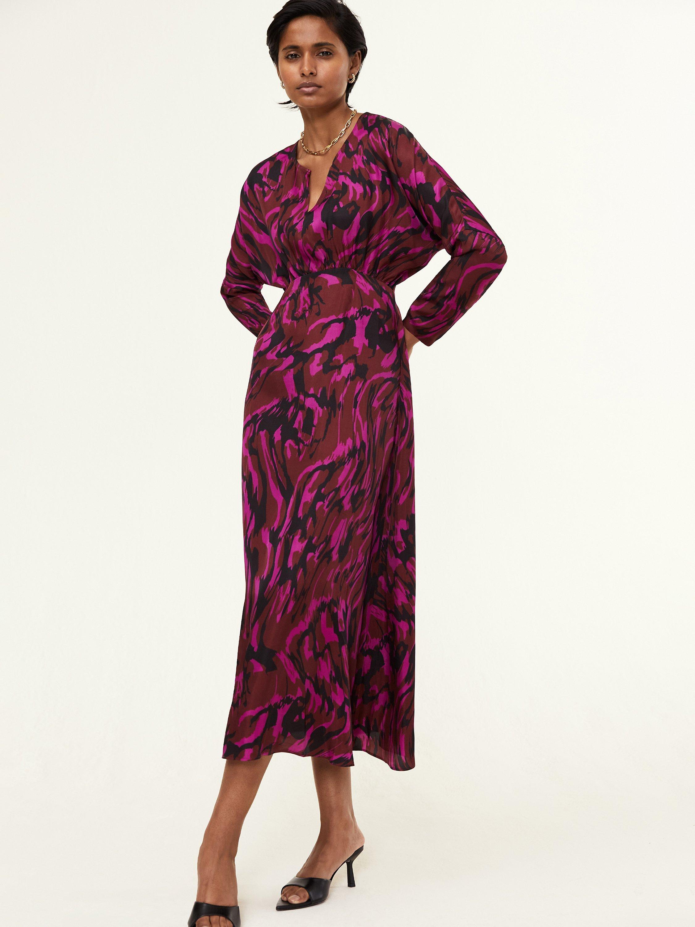 Baukjen Ekaterina Swirl Print Midi Satin Dress, Magenta/Multi