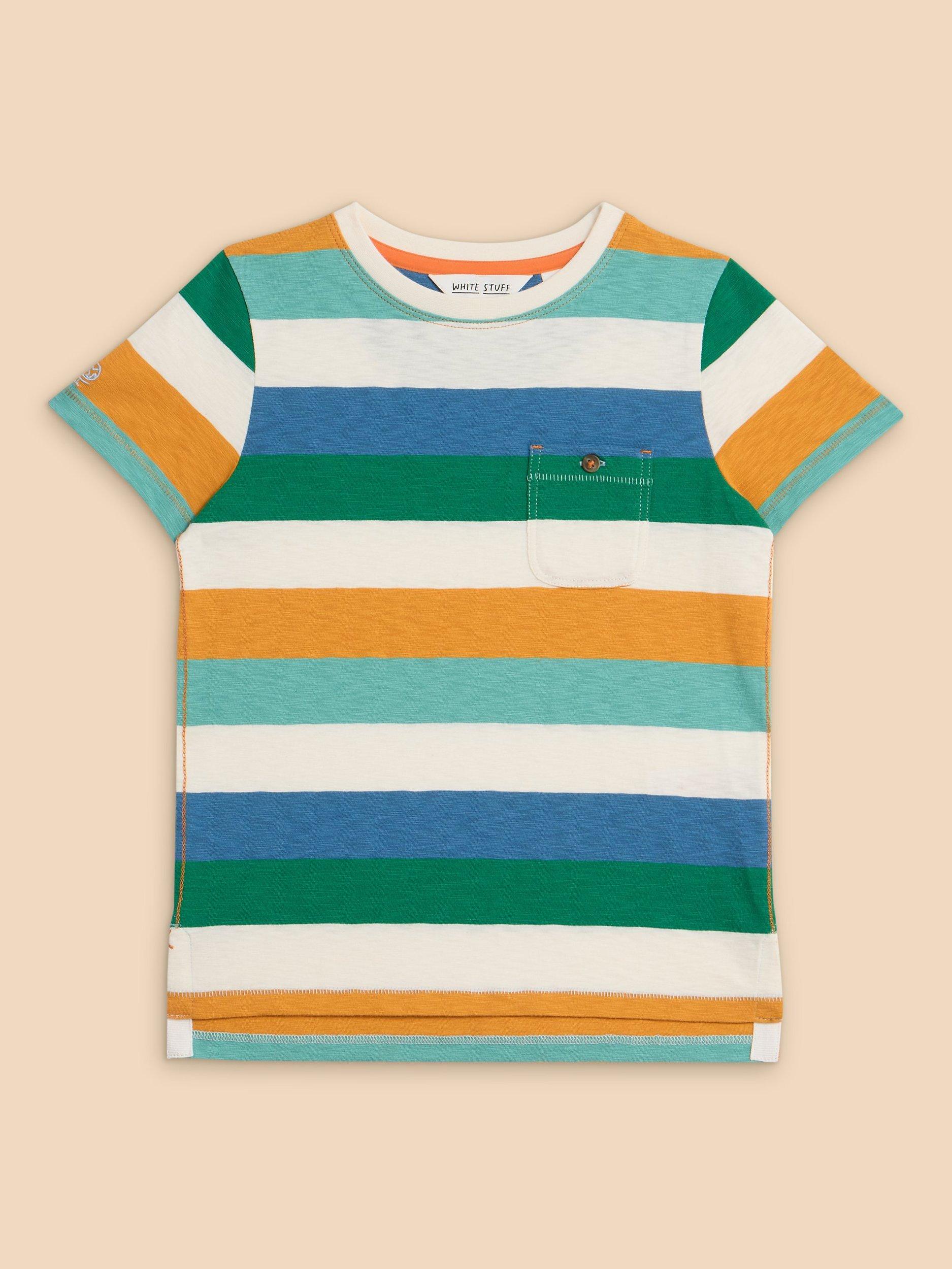 White Stuff Kids' Casey Block Stripe Short Sleeve TShirt, Blue/Multi