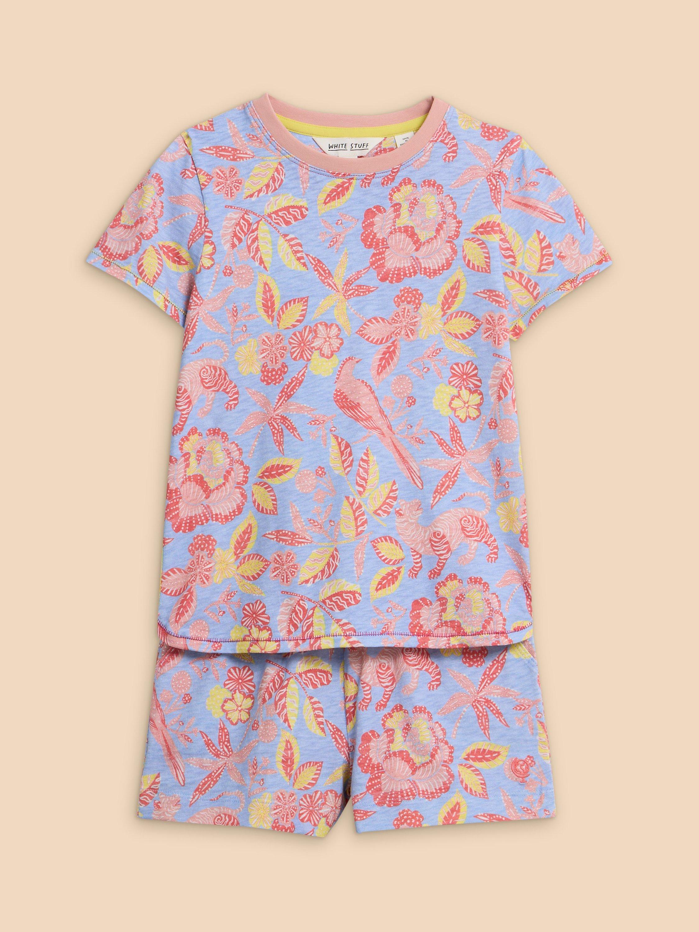 White Stuff Kids' Floral Animal Shorts Pyjamas Set, Blue/Multi