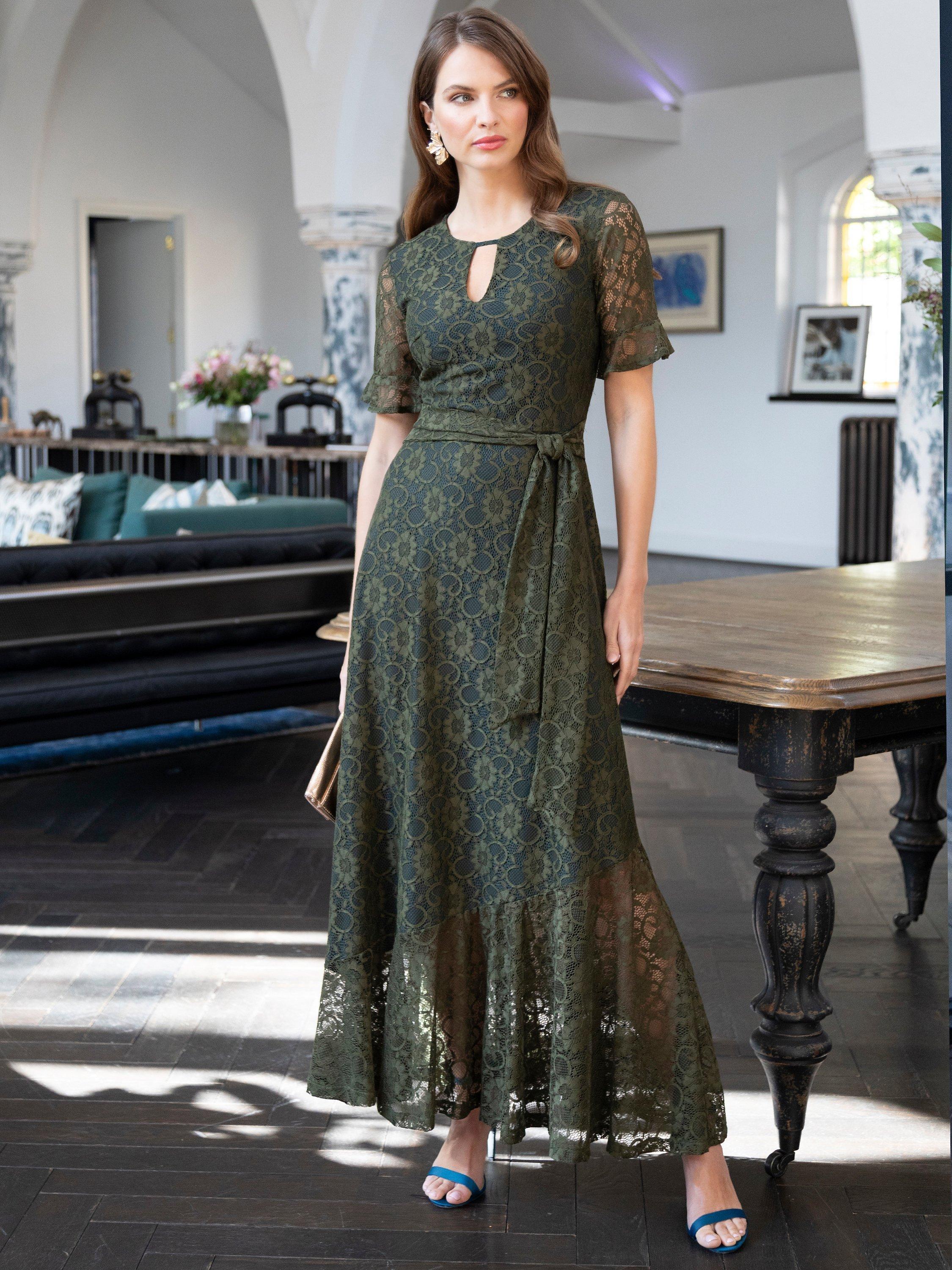 HotSquash Keyhole Asymmetric Hem Lace Maxi Dress Khaki Teal