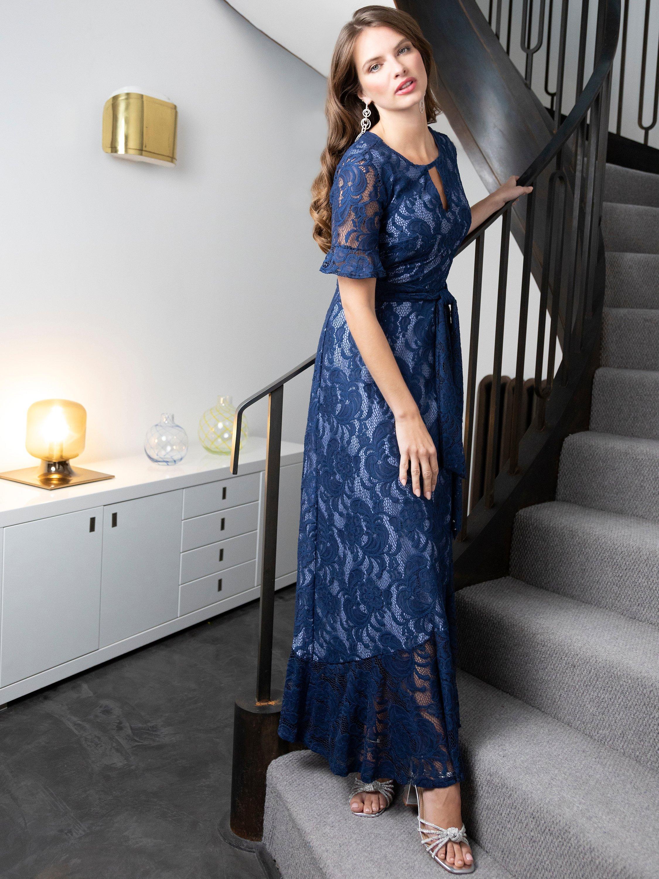 HotSquash Keyhole Detail Asymmetric Hem Lace Maxi Dress, Navy/Woodblue