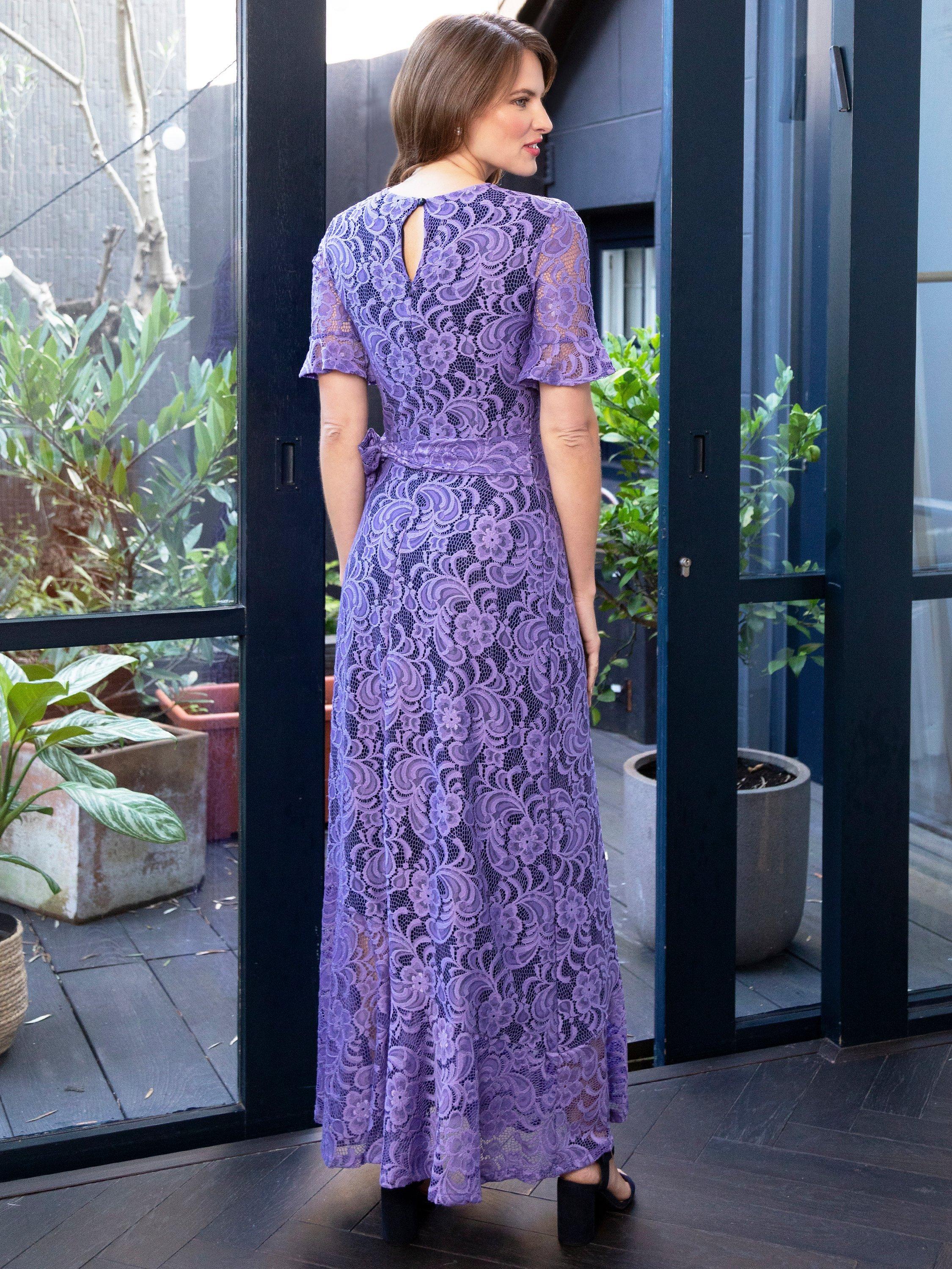 HotSquash Keyhole Detail Asymmetric Hem Lace Maxi Dress Lilac Navy