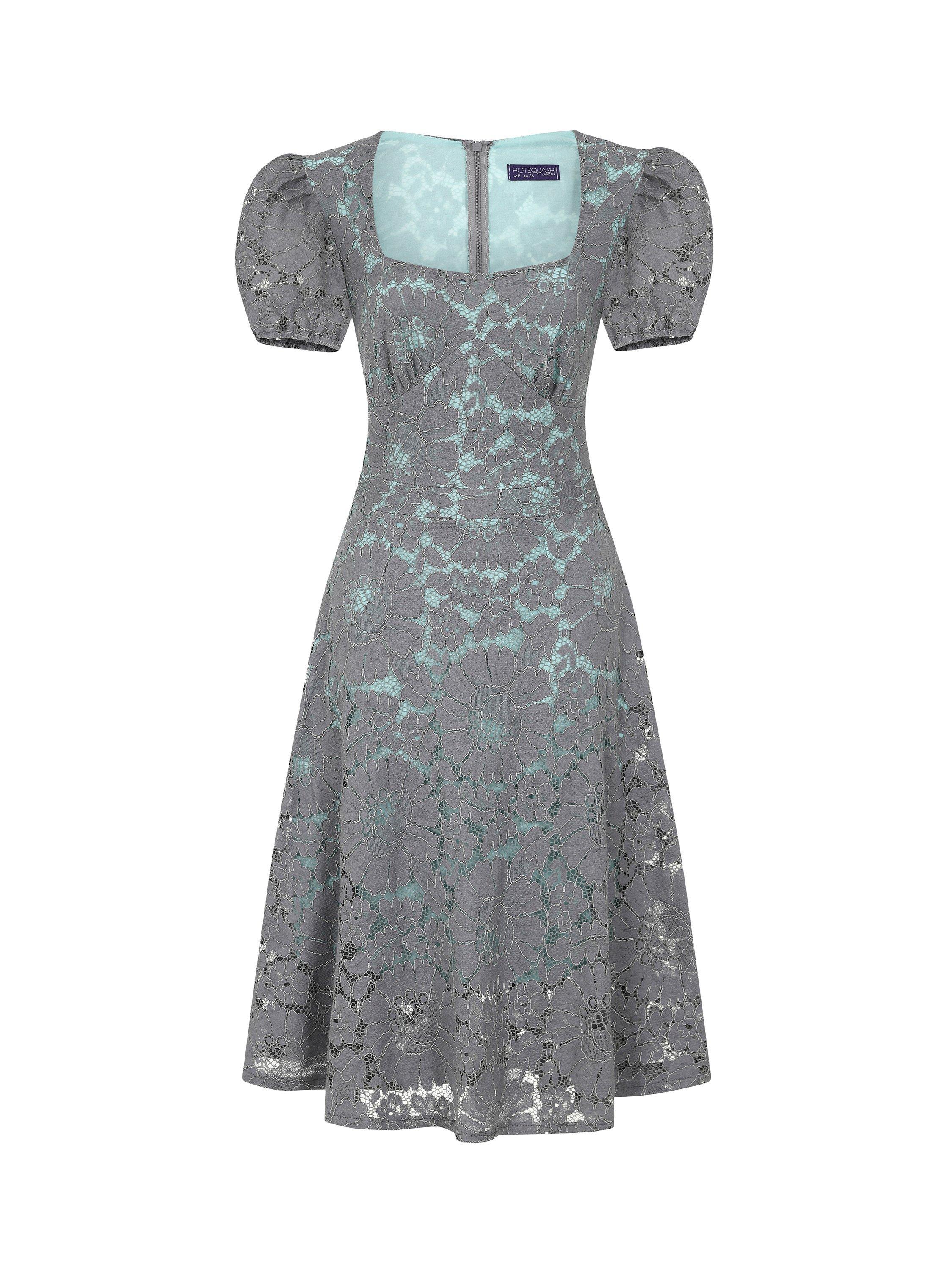 HotSquash A-Line Contrast Lace Dress, Grey/Angel Blue, 12